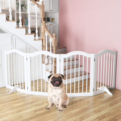 27.6 Height Tall Freestanding Pet Gate, 4 Panels Foldable Dog Gate, Solid Wood Folding Safety Fence Wooden Dog Gate With 2 Pcs Support Feet Ideal For Stairs, Doorways, Halls, Kitchens — image 1