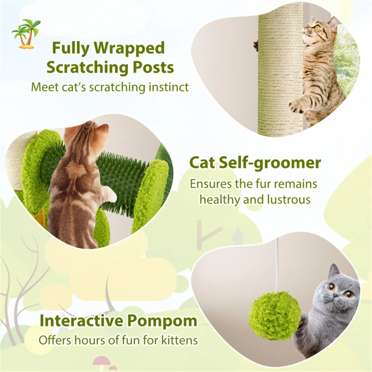 Cat Tree - 22LBS Capacity, Palm Tree Design with Self-Groomer & Scratching Posts — image 4