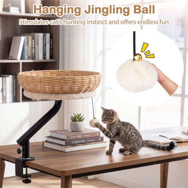 Cama-Percha de Escritorio para Gatos Giratoria 360°, Refugio 2 en 1 para Espacio de Trabajo con Pelota de Cascabel, Natural Negro Blanco — imagen 6