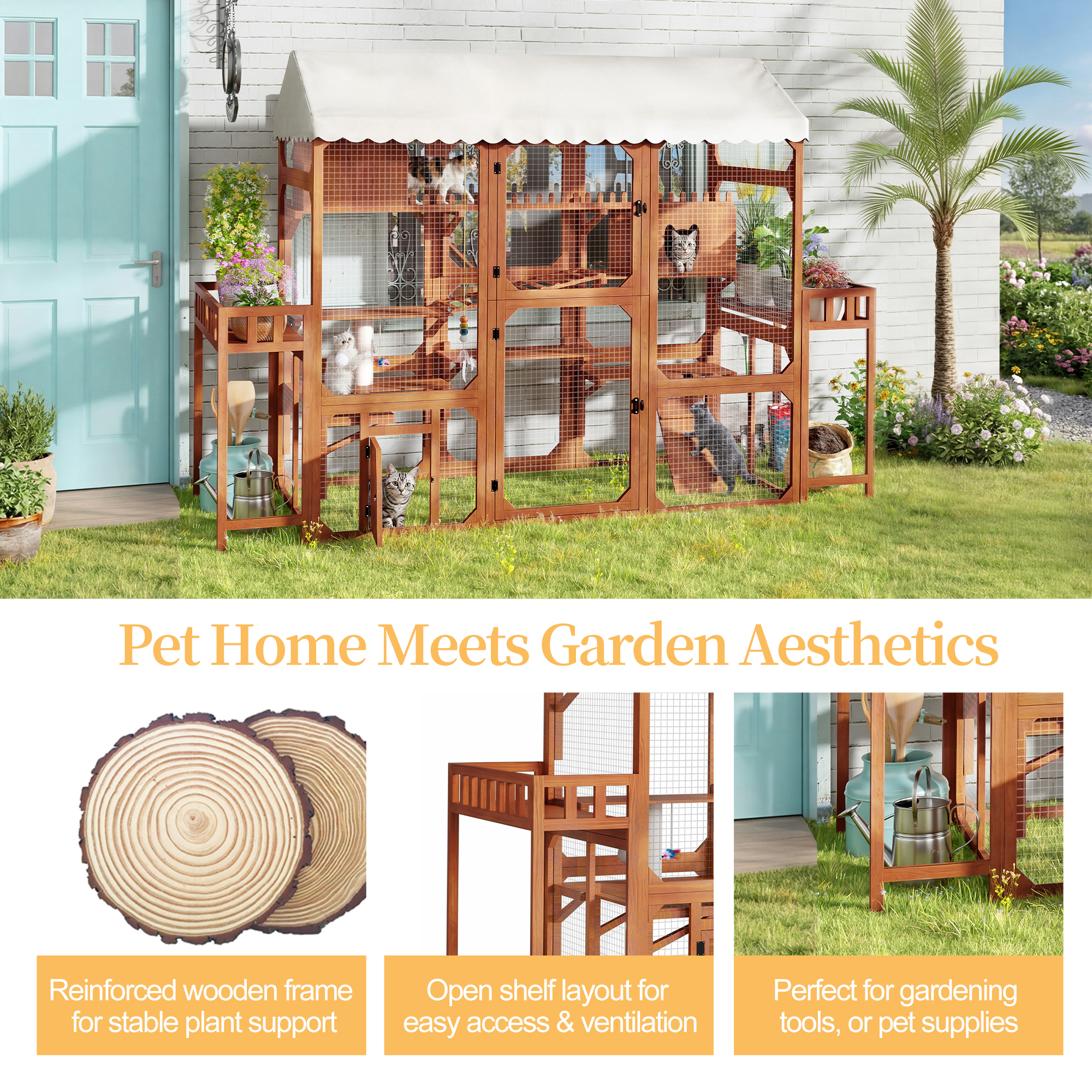 Catio Grande para Gatos al Aire Libre con 2 Poyos de Plantas, Jaula Multinivel de Entretenimiento con Techo Resistentente a la Meteorología y Accesorios para Patio — imagen 5