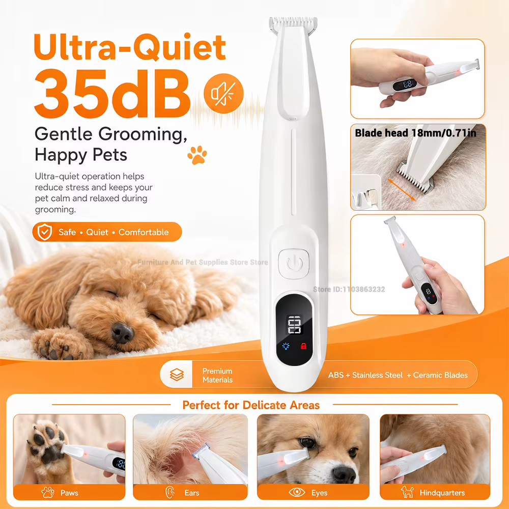 Pet Dog Electric Beauty Trimmer Waterproof Pet Foot Hair LED/UV Light Trimmer Low Noise Cat Dog Face Foot Ear Hip Claw Shaver — imagen 4