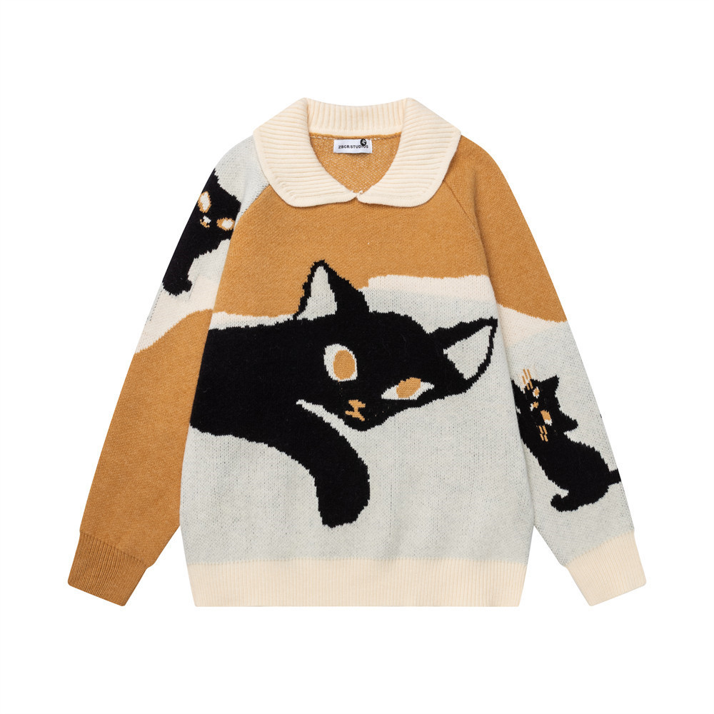 Cartoon cat contrasting collar sweater — image 2