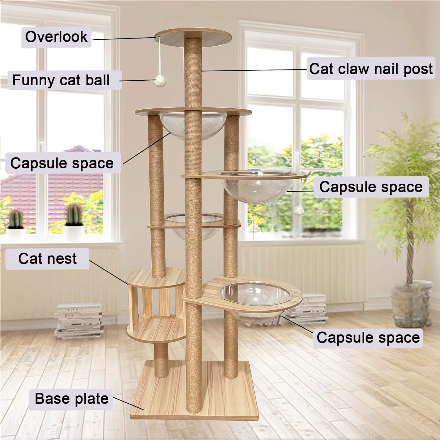 72.1-Inch Large Cat Tree for Indoor Adult Cats, 4 Bowls & 12 Sisal Posts with Cage Perch Toy Balls Wood, Customized — image 2