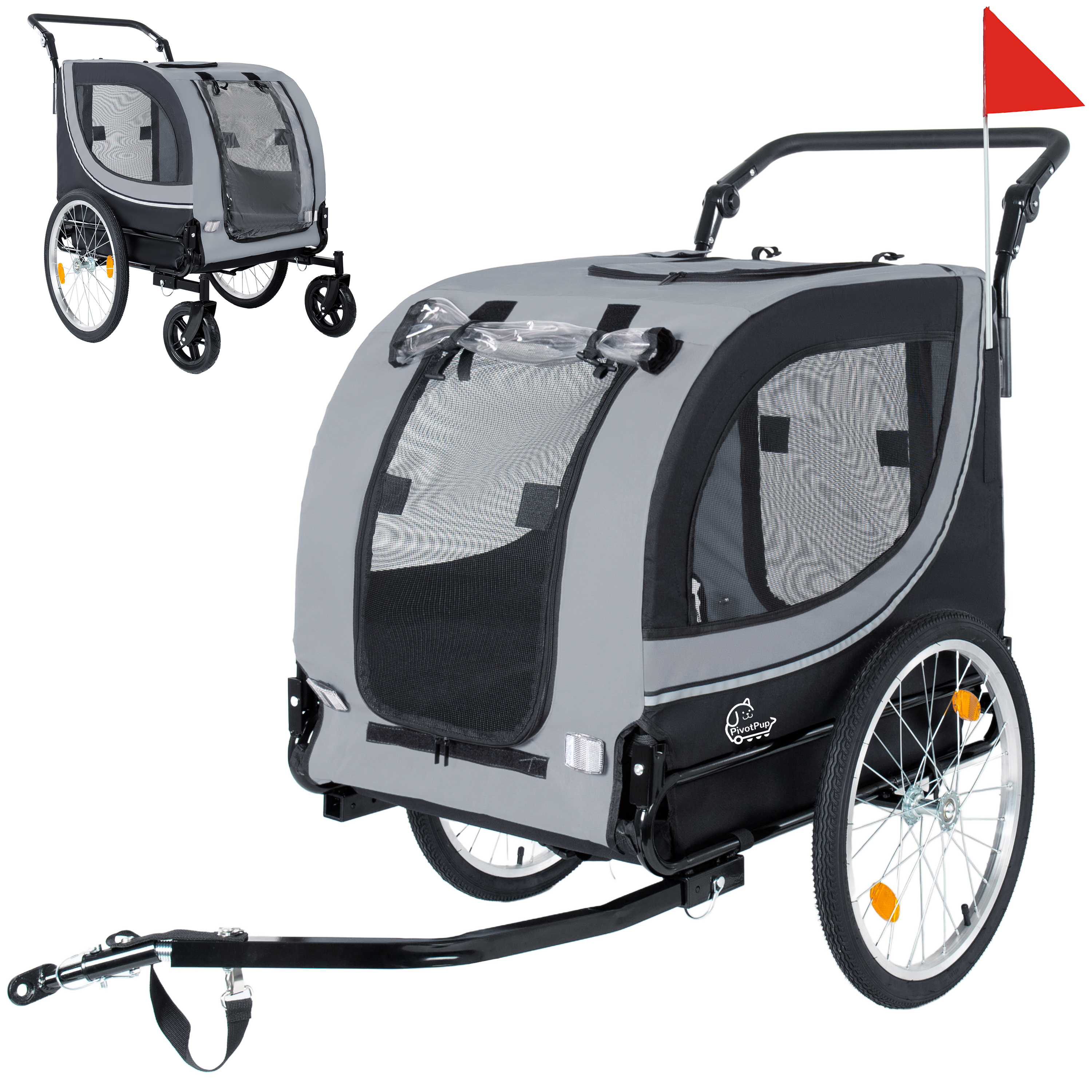 Remolque de Bicicleta y Cochecito para Mascotas 2 en 1 Para Perros de Hasta 100lbs Carrito Transportador Plegable con Dos Ruedas Delanteras de 8 y Ruedas Traseras de 20 Inflables de Liberación Rápida, Malla Transpirable y Cubierta para Lluvia de PVC, Gris — imagen 1
