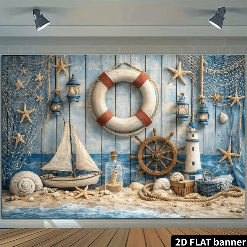 2D Flat, Nautical Lifeboat Starfish Ship Wheel Lighthouse Beach Decor Tapestry Coastal Wall Art Living Room Ocean Theme Print — image 5