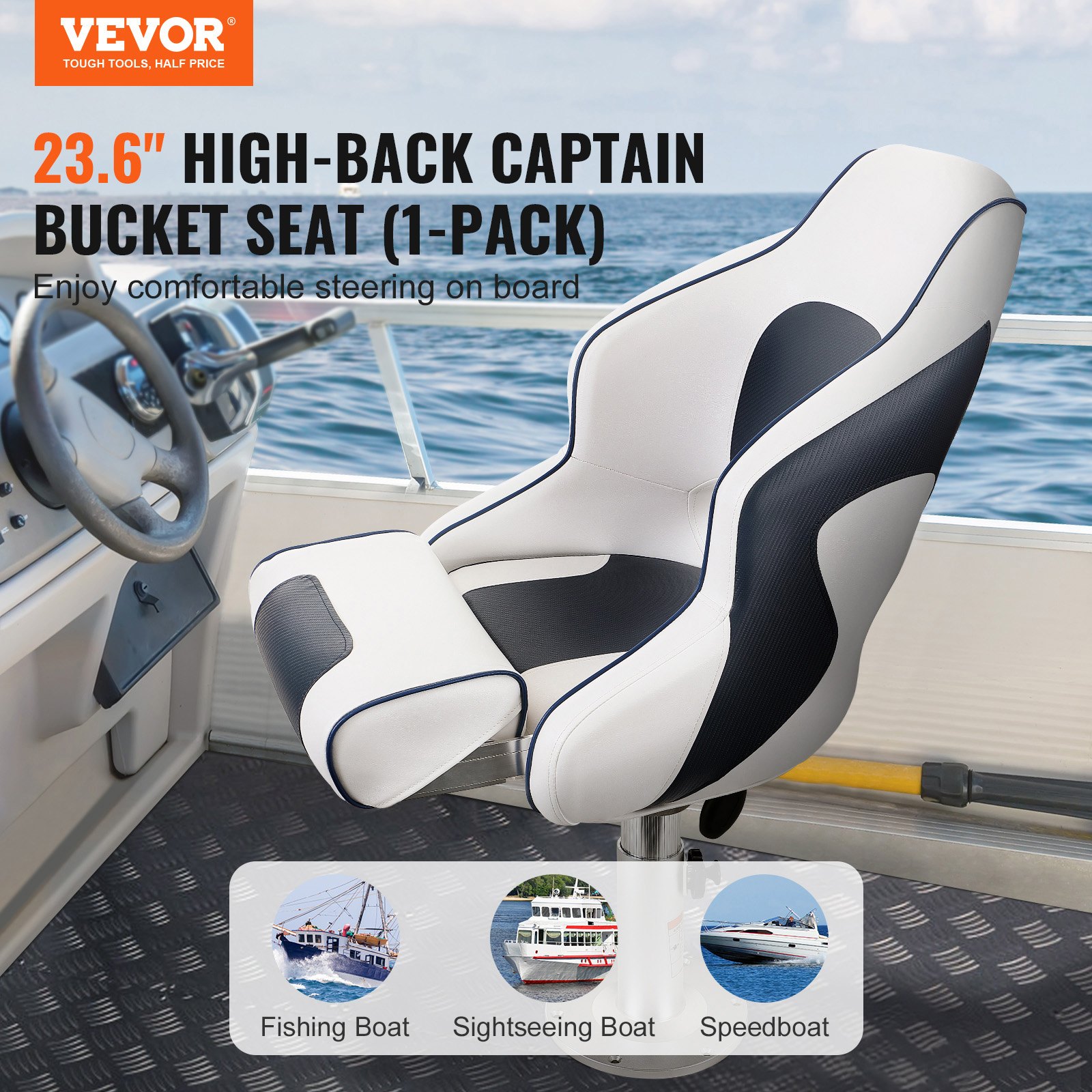 Captain Bucket Seat Boat Seat, Flip Up Boat Seat, With Thickened Sponge Padding, Flip-up Bolster Boat Captain Chair For Fishing Boat, Sightseeing Boat, Speedboat, Canoe, 1-Piece — imagen 3