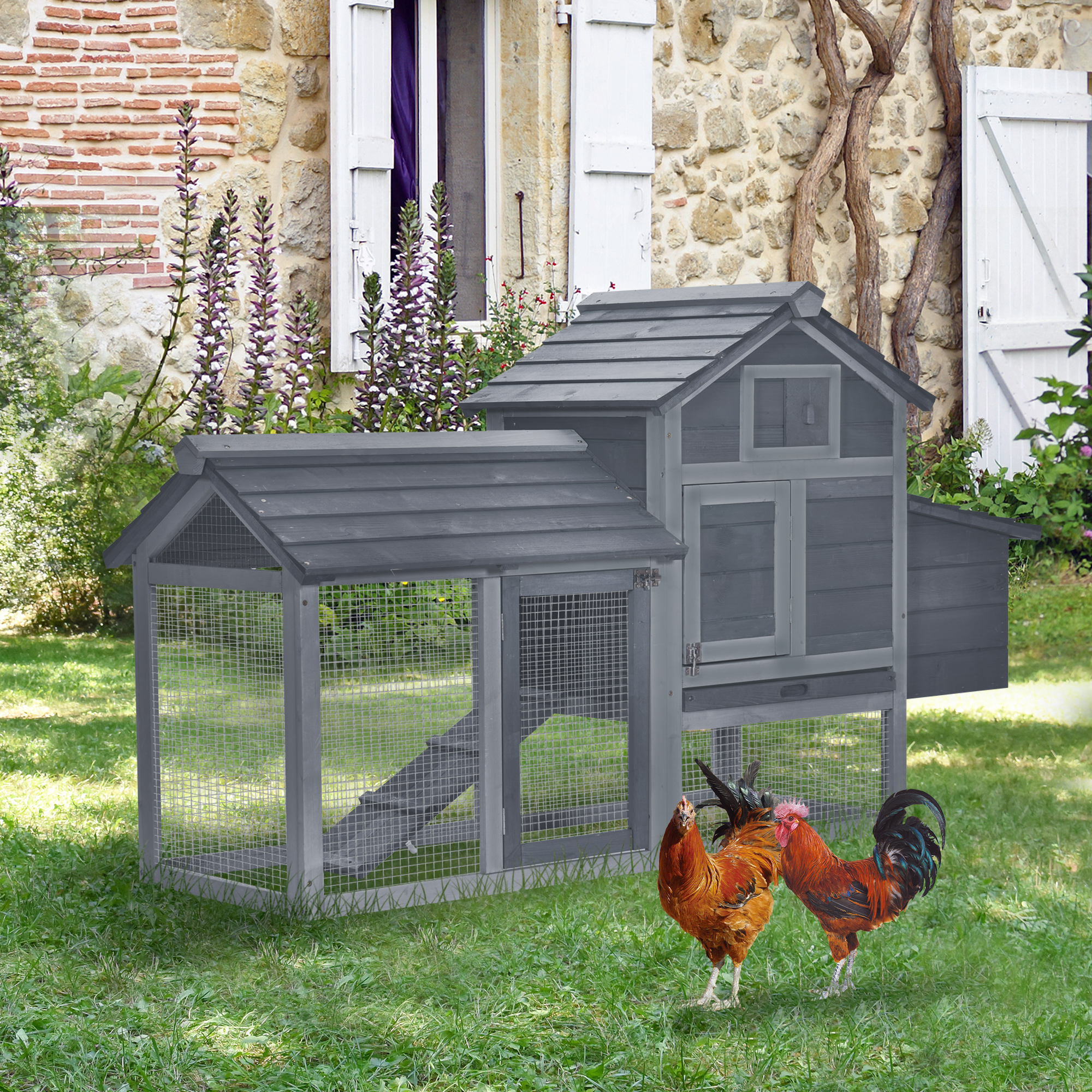 Gallinero de Madera Pequeño de 59" para el Patio Exterior con 2 Puertas, Nido y Bandeja Removible, Gris — imagen 1