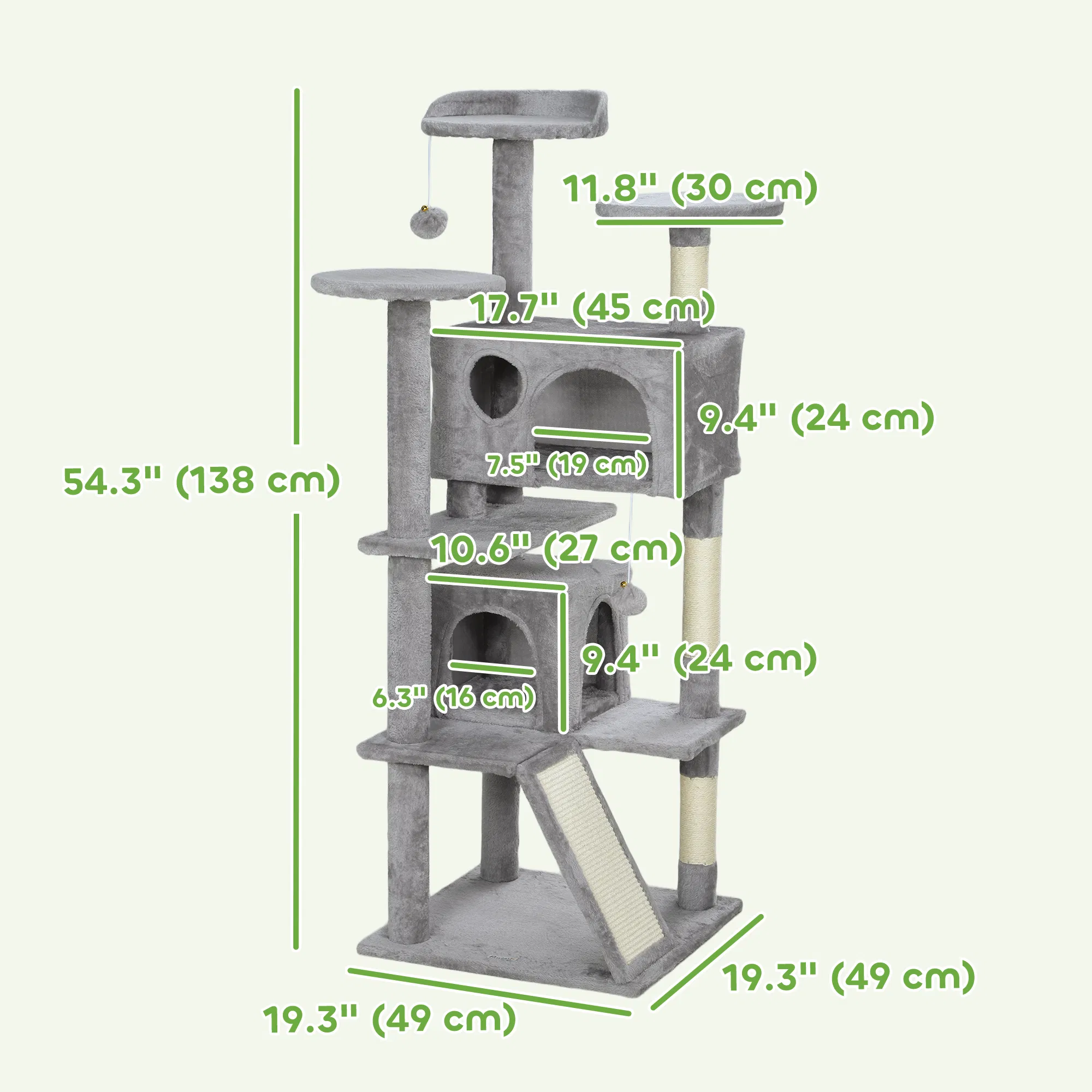 54" Cat Tree, Multi-Level Cat Tower with Scratching Posts, Cat Condos, Bed, Platforms, Ramp, Toy Ball, Light Grey — image 3
