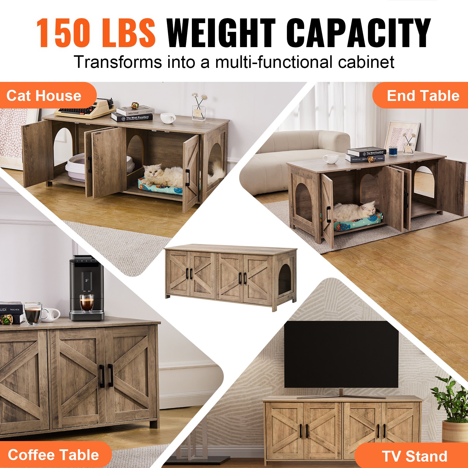 Caja de Limpieza para Gatos Encerrada para 2 Gatos, Diseño Estético Oculto con Dos Habitaciones, Armario de Madera para Cajas de Limpieza que Encaja en la Mayoría, 47.2"L x 18.5"A x 19.7"H, Greige — imagen 4