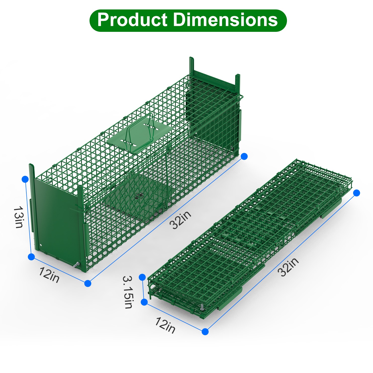 Jaula Trampa para Animales Vivos de 32 Pulgadas con 2 Puertas y Guante, Verde, para Animales de Menos de 12LBS, Fácil de Instalar, Trampa Humanitaria de Hierro Galvanizado para Conejos, Marmotas, Zorrillos, Zarigüeyas, Nutrias y Gatos Callejeros — imagen 8