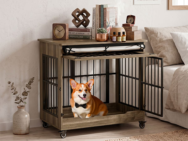 Dog Crate Furniture, Double Door Wooden Indoor Dog Kennel Furniture, Decorative Pet Cage End Table With Wheels For Medium And Small Breed Dogs, Size M, Greige — image 22