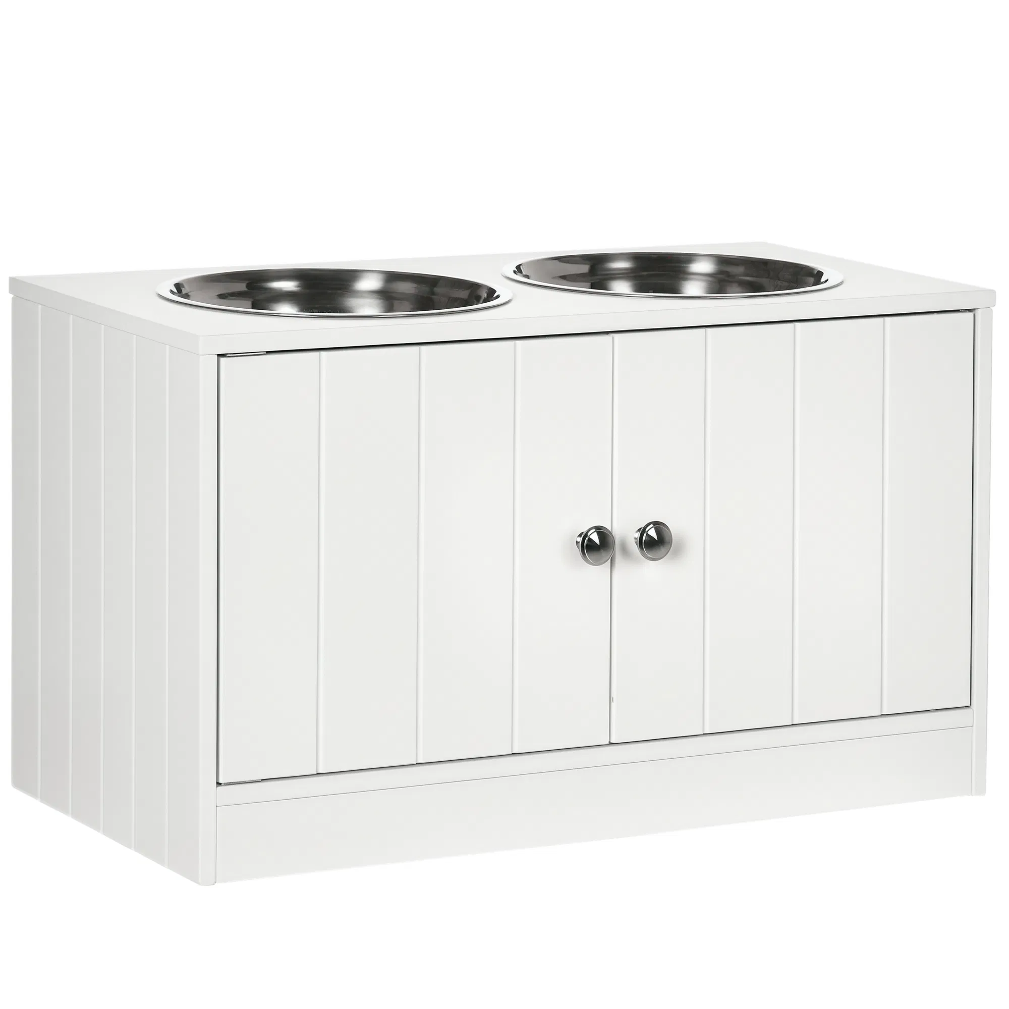 Elevated Dog Bowls for Large Dogs Pet Feeding Station with Stand, Storage, 2 Stainless Steel Food and Water Bowls, White, 23.6" x 11.8" x 14" — image 1