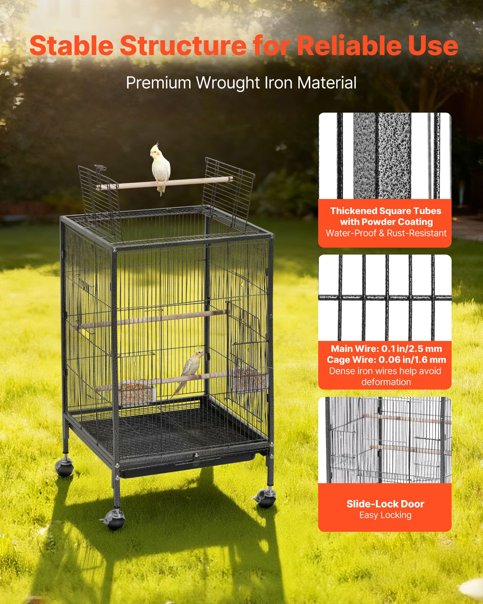 Bird Cage, 18 X 18 X 30 Inch, Open Flat Top, Wrought Iron Bird Flight Cage With Perches, Slide-Out Tray And Plastic Feeders, Casters, For Parrot, Blue Tit, Cockatiel, Canary, Budgerigar, Conure — image 3