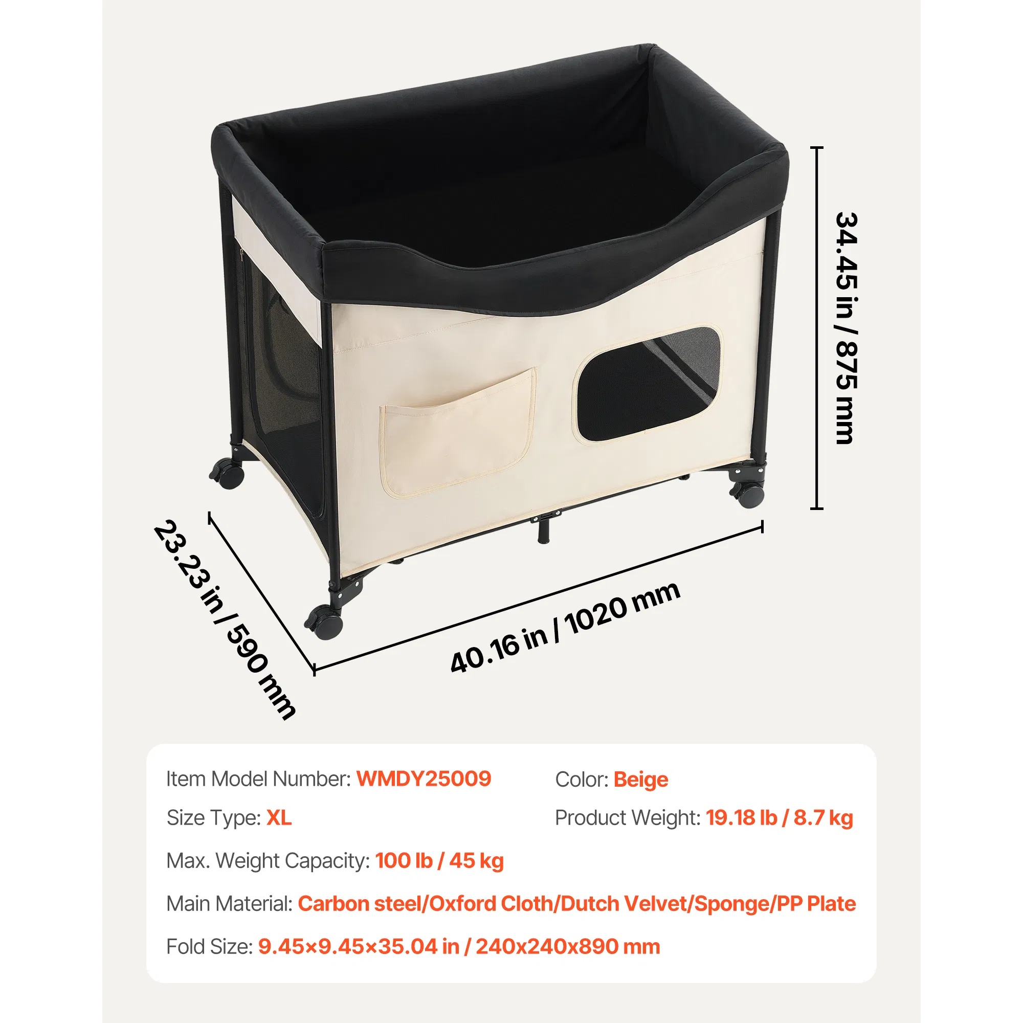 Cama de Descanso Elevada para Perros XL, Cama Portátil con Ruedas para Grandes Perros y Gatos, 600D Tela de Lino Oxford y Alfombrilla de Veludo Holandés con Muelles de Espuma, Almacenamiento Lateral para Accesorios — imagen 11