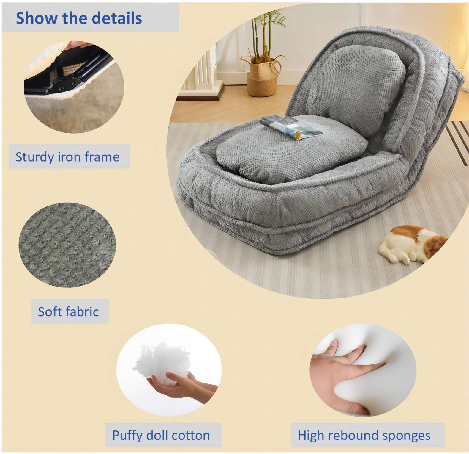 Cama para Perros Humano, Sofá Relajante, 5 Posiciones Ajustables, sentarse, dormir, plegar, ideal para sala de estar, dormitorio, Diseño Ahorrador de Espacio, Gris — imagen 5