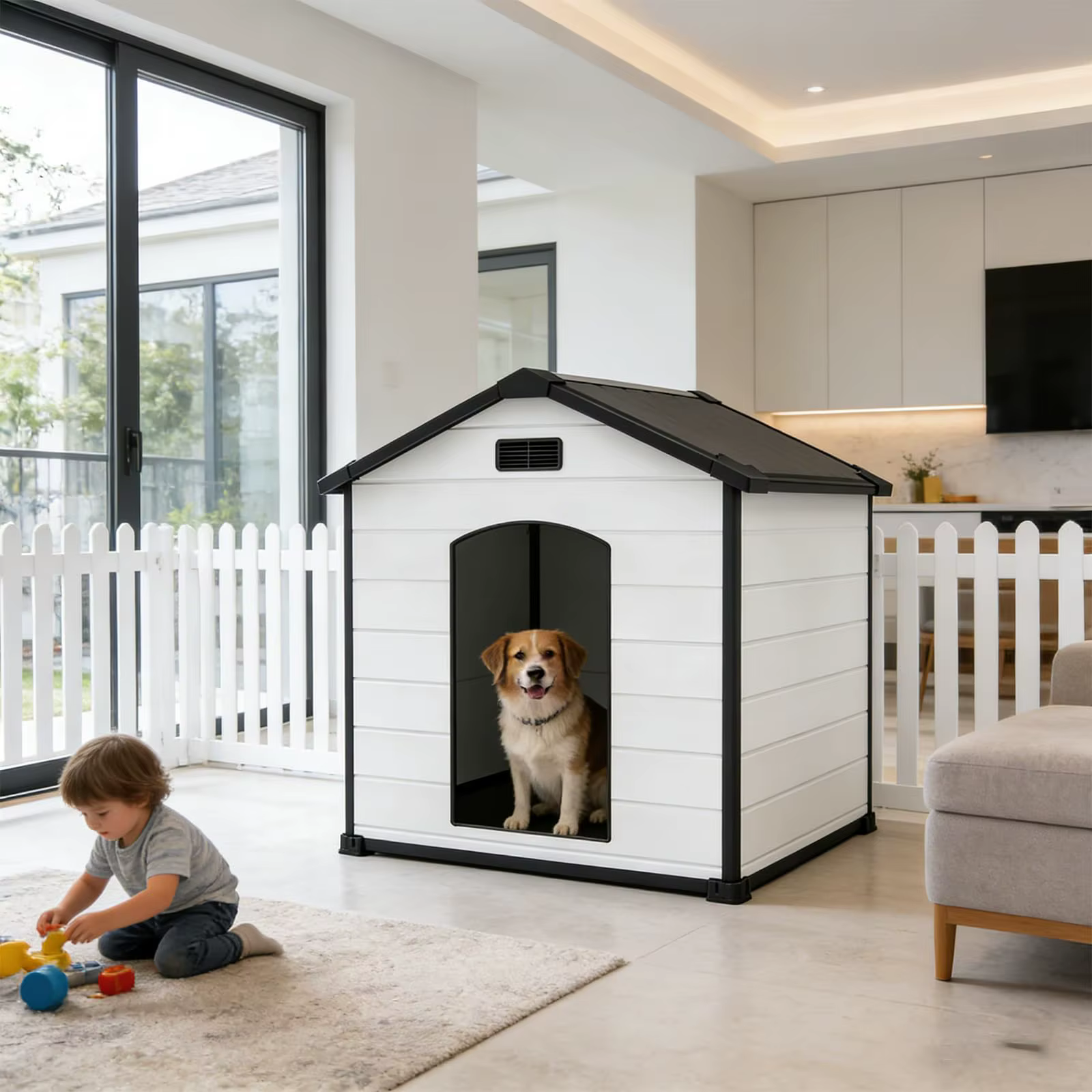 Outdoor Dog House, Waterproof Insulated Dog Kennel with Elevated Floor and Removable Roof, Durable Plastic Pet Shelter for Backyard, for Large Dogs, 46" L x 40" W x 40" H, Cement Gray — image 2