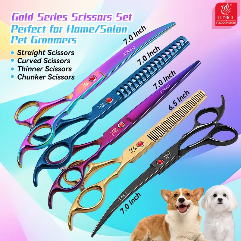 Fenice 6.5/7 Inch Colorful Professional Dog Grooming Scissors Set Kits Straight Thinner Curved Chunker Grooming Shears Tool Set — image 1