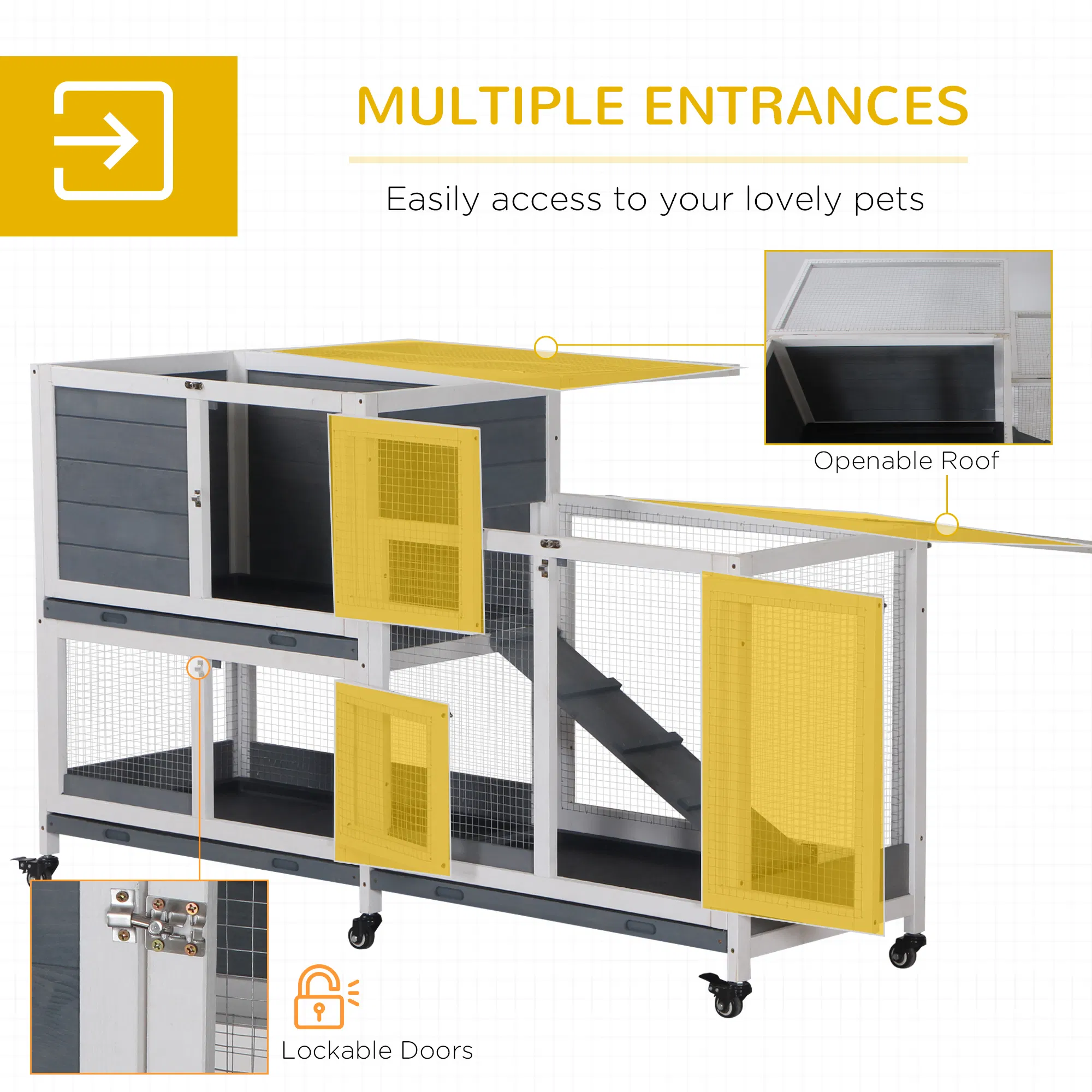 Wooden Rabbit Hutch Elevated Pet House Bunny Cage Small Animal Habitat with Slide-out Tray Lockable Door Openable Top for Indoor 58" x 18" x 35" Grey — image 2