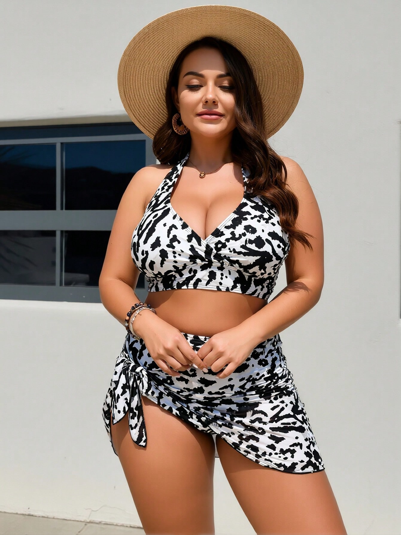 Nuevo Conjunto de Bikini Halter con Estampado de Cebra 2026, con Falda Cubre-Bikini Anudada, Traje de Baño Reductor de 3 Piezas Talla Grande — imagen 3