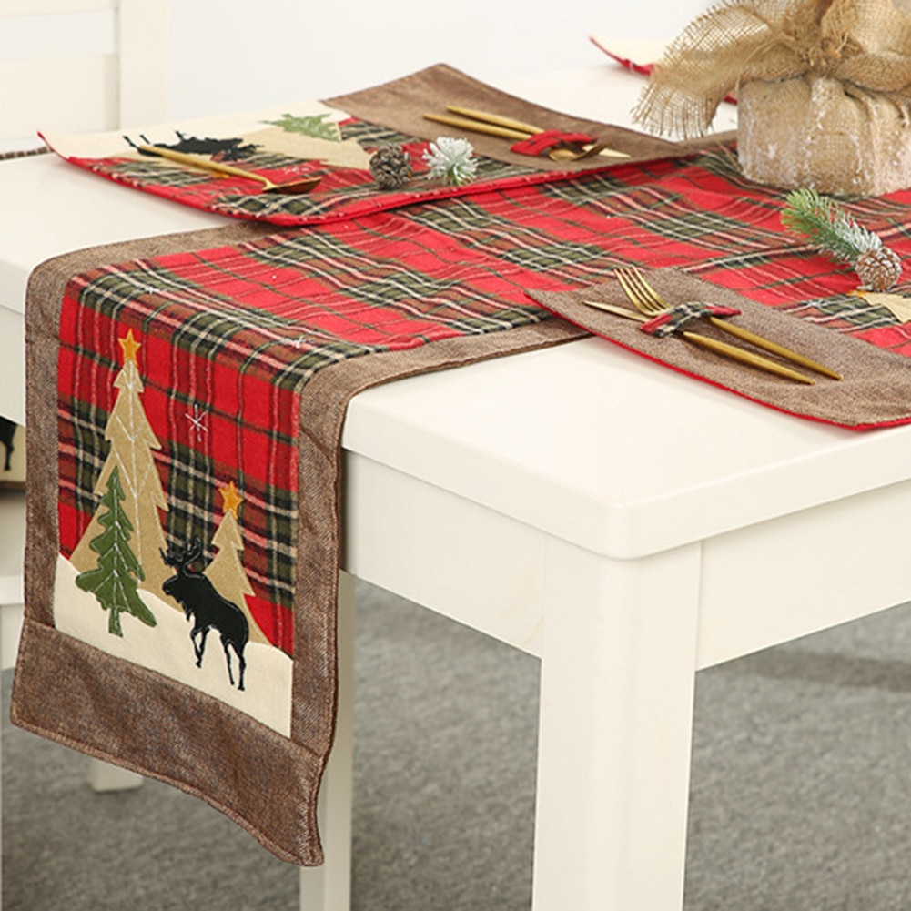 Christmas Tree Elk Printed Lattice Tablecloth Table Mat Cover Festival Decor tree and elk make your Christmas partys full loves — image 3