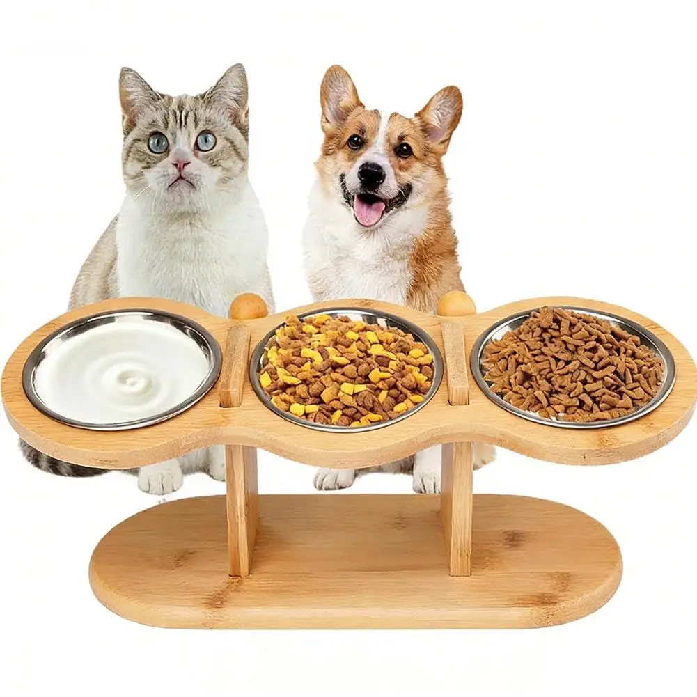 Wooden Pet Bowl Rack Natural Wood Elevated Feeder Stand Cat Dog Food Bowls Stainless Steel Dishes for Healthy Eating Drink Tools — image 1
