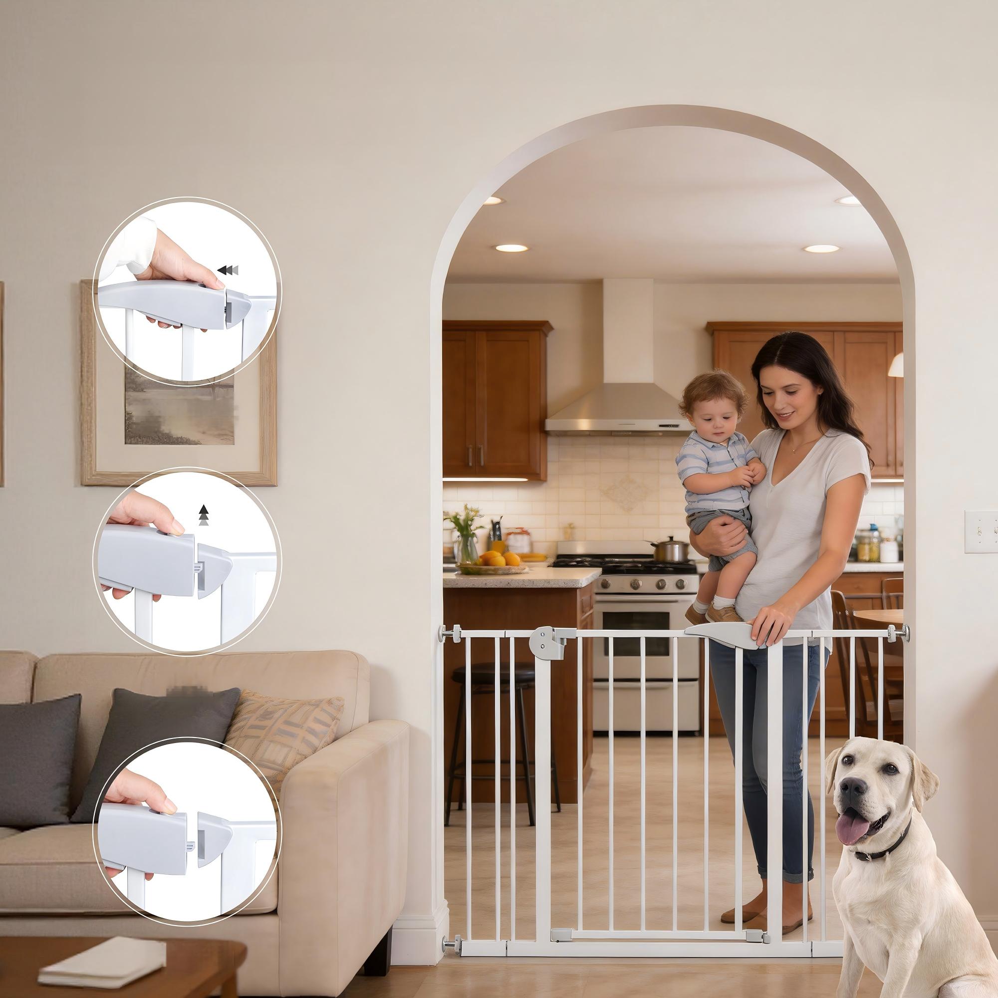 Puerta de seguridad para bebés con doble puerta, ajustable 75-115 cm, pasarela segura con kits de extensión, cierre automático, sujeta por presión, metal blanco para niños y mascotas — imagen 1