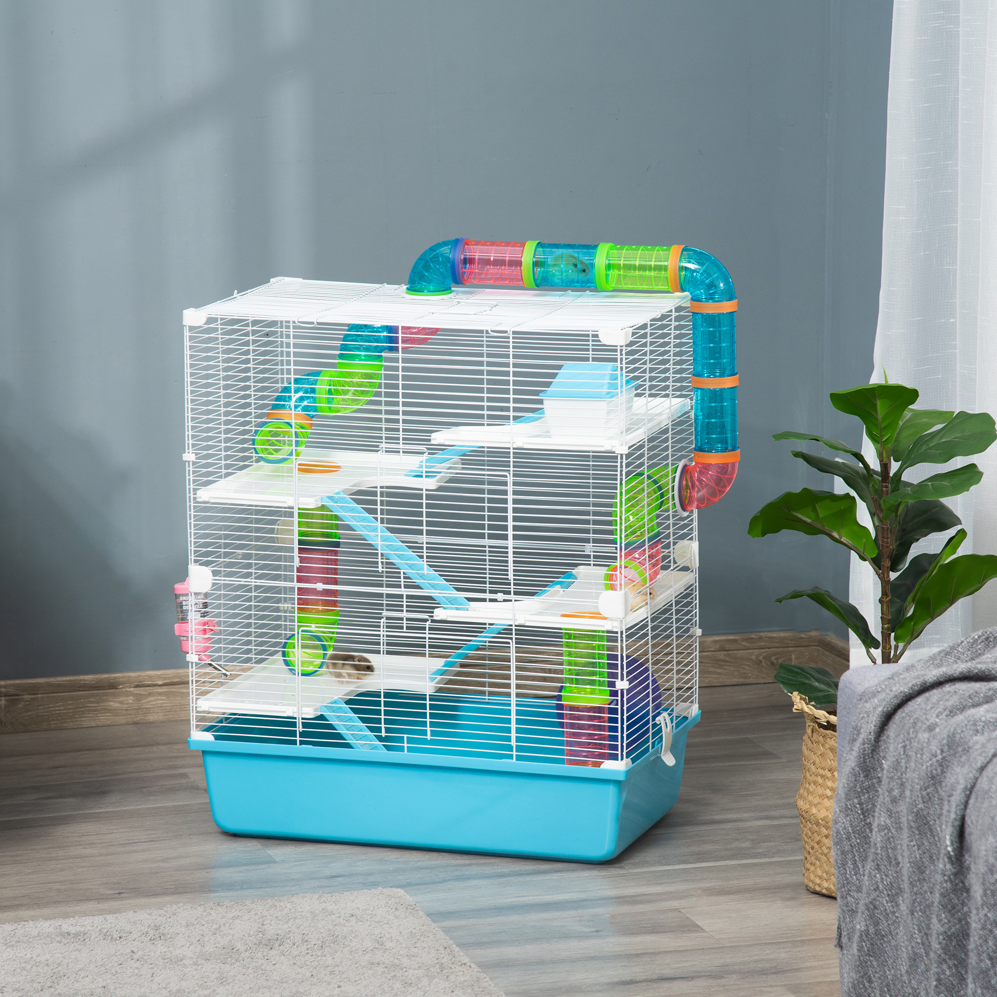 Caja para Hámsters Extra Grande de 23" con Tubos y Túneles, Manijas Portátiles, Casa para Ratas y Habitats 5-Niveles, Incluye Rueda, Botella de Agua, Comida y Azul Claro — imagen 3