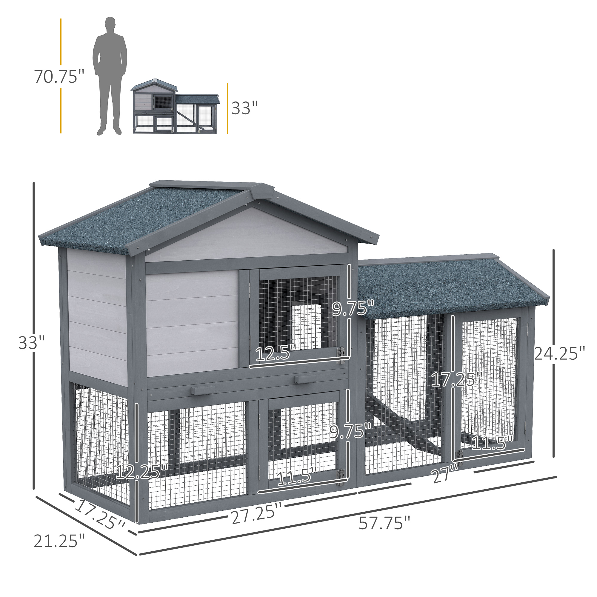 Casa para Conejos al Aire Libre - Jaula de Madera con Área de Ejercicio y Suelo Retirable, Techo Asfáltico con Puertas Conectables y Rampa Gris — imagen 6