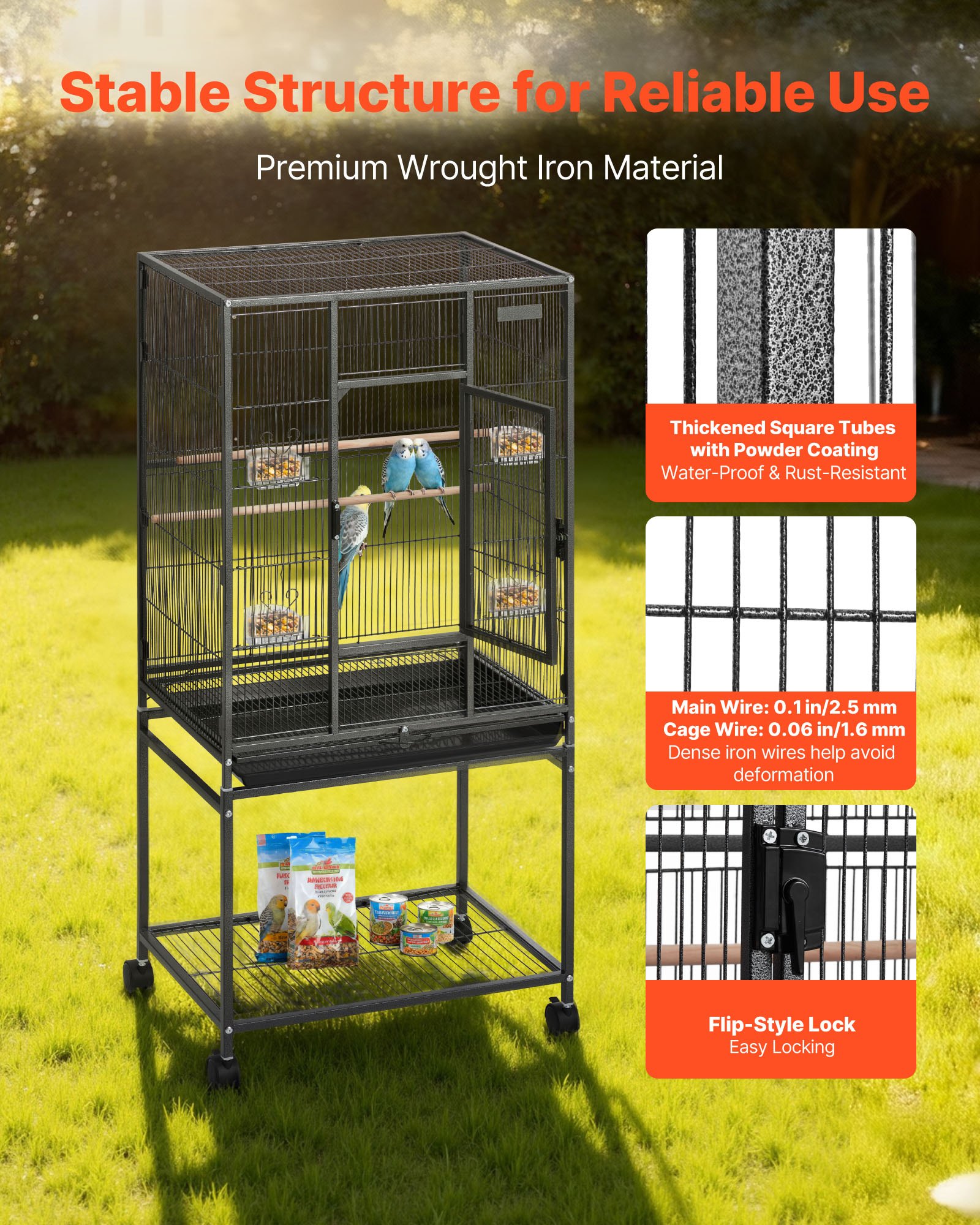 Bird Cage, 24.6 X 16.7 X 53.9 Inch, Flat Top, Wrought Iron Bird Flight Cage With Perches, Slide-Out Tray And Plastic Feeders, Casters, For Parrot, Blue Tit, Cockatiel, Canary, Budgerigar, Conure — imagen 3