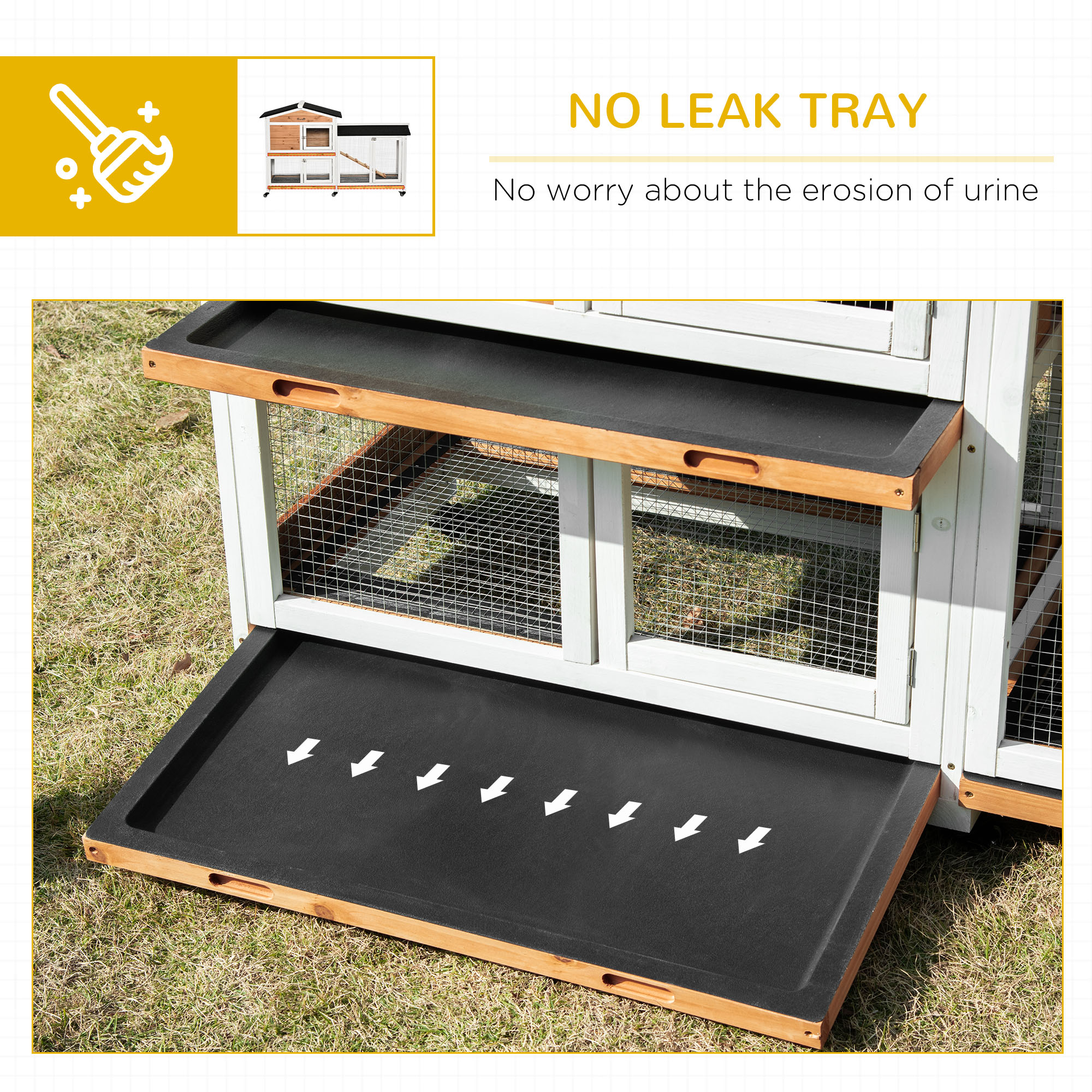 62" Wooden Mobile Rabbit Hutch with Wheels, Run Box, Slide-out Tray, Ramp, Yellow — imagen 3