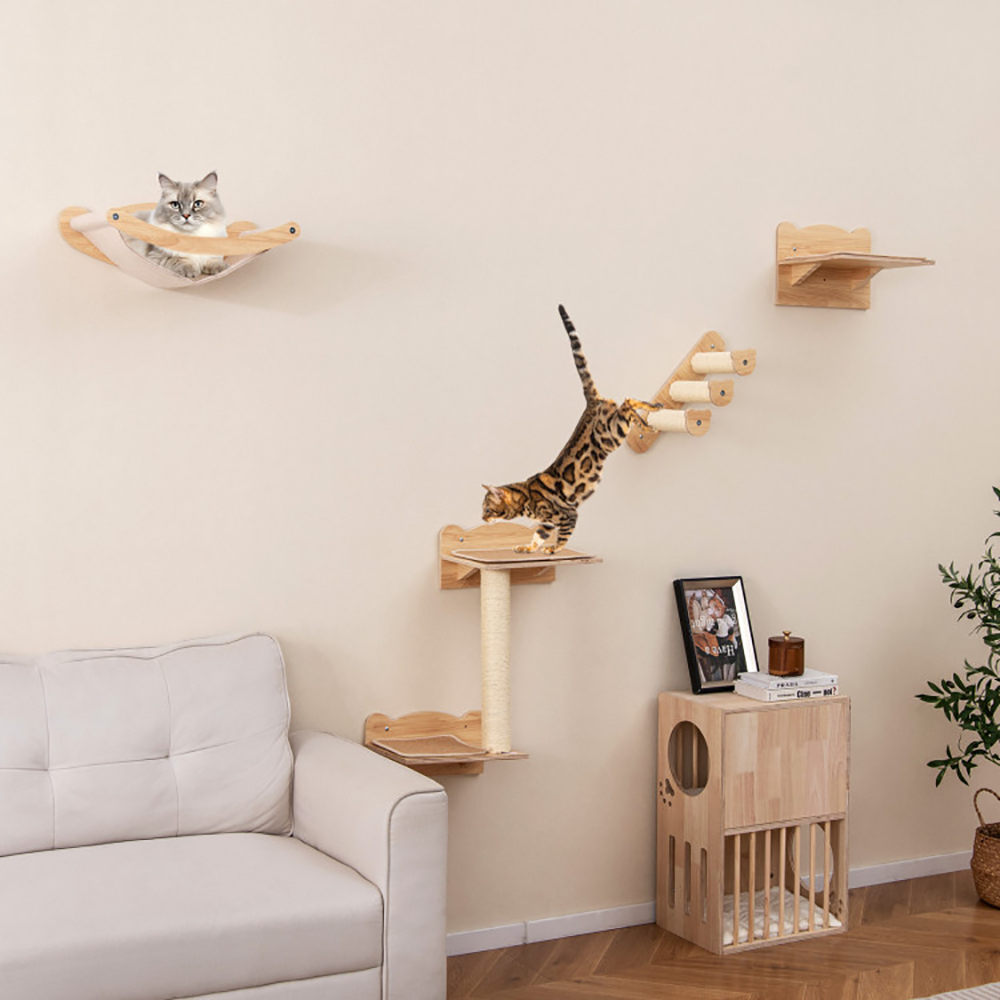 Conjunto de Mobiliario para Gatos en la Pared con Hamaca - 4 Piezas, Árbol de 2 Niveles y Percha — imagen 9