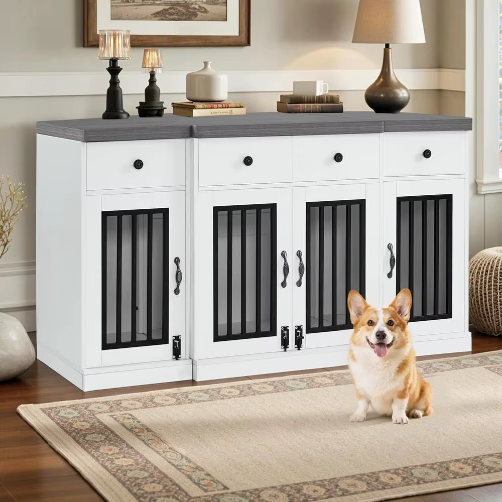Caja para Perros Grande/Medio de Madera con 4 Cajones y 4 Puertas Con Bloqueo, Sofá para Mascotas con TV, Blanco y Gris — imagen 2