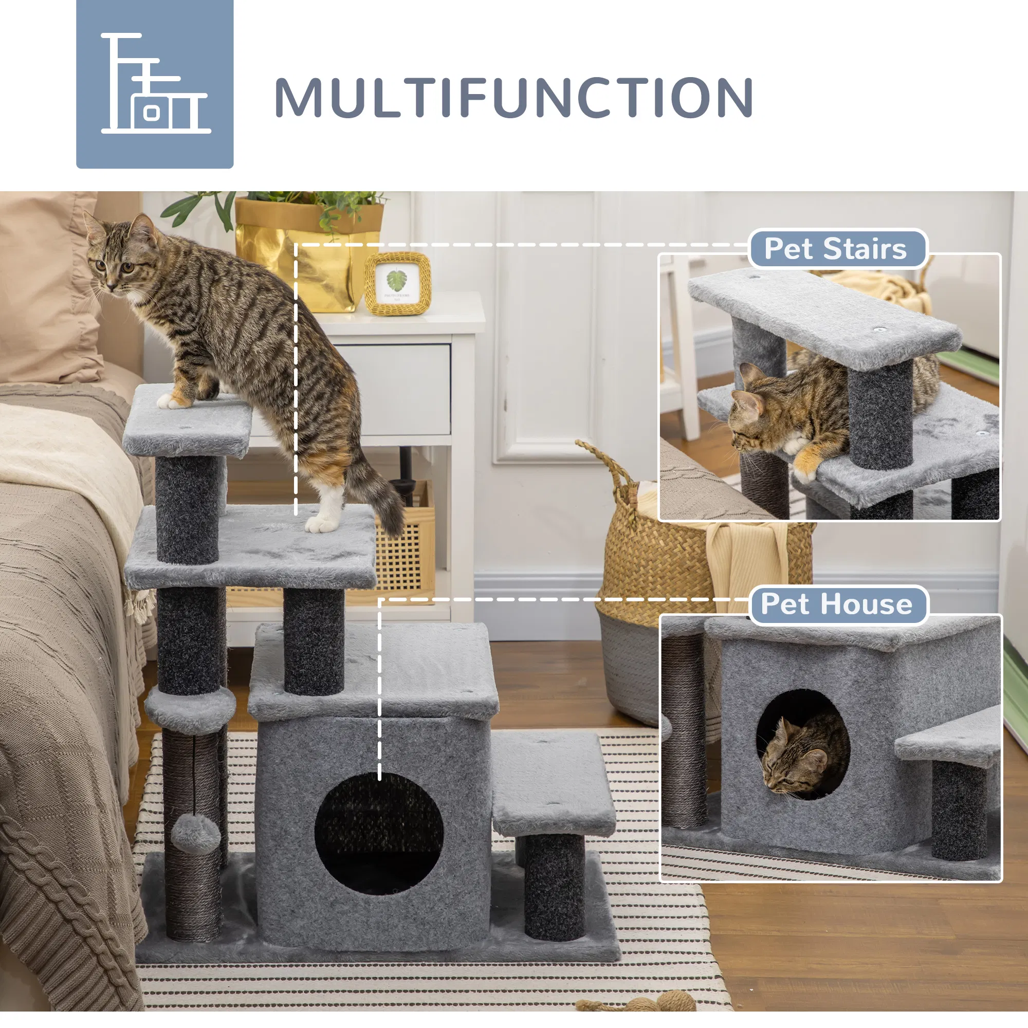Cat Stairs Pet Steps for Couch Bed with Scratching Posts Condo Ball Toy, 23.6" x 15.7" x 26", Grey — image 5
