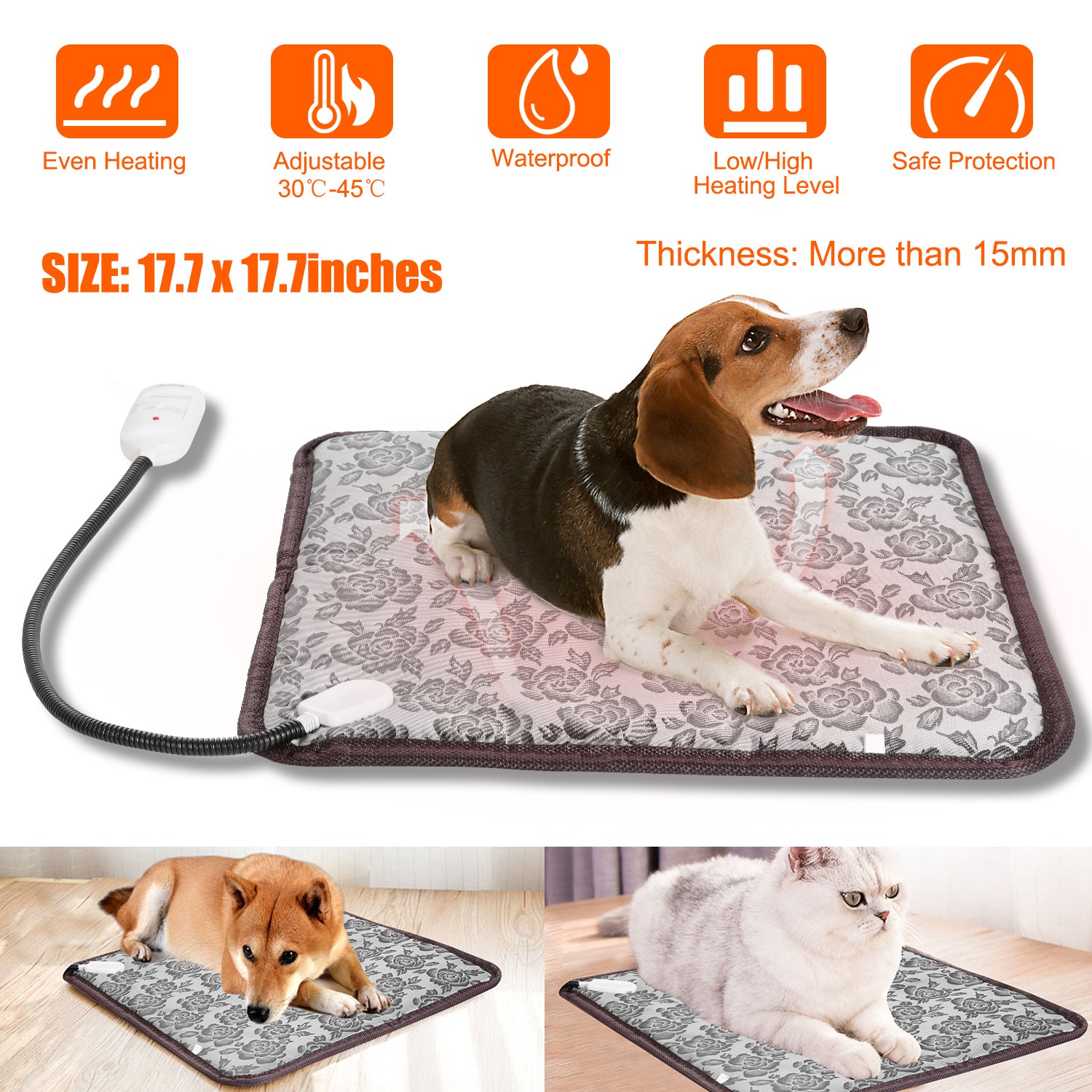 Pet Heating Pad Dog Cat Electric Heating Mat Waterproof Adjustable Warming Blanket With Chew Resistant Steel Cord Case — image 1