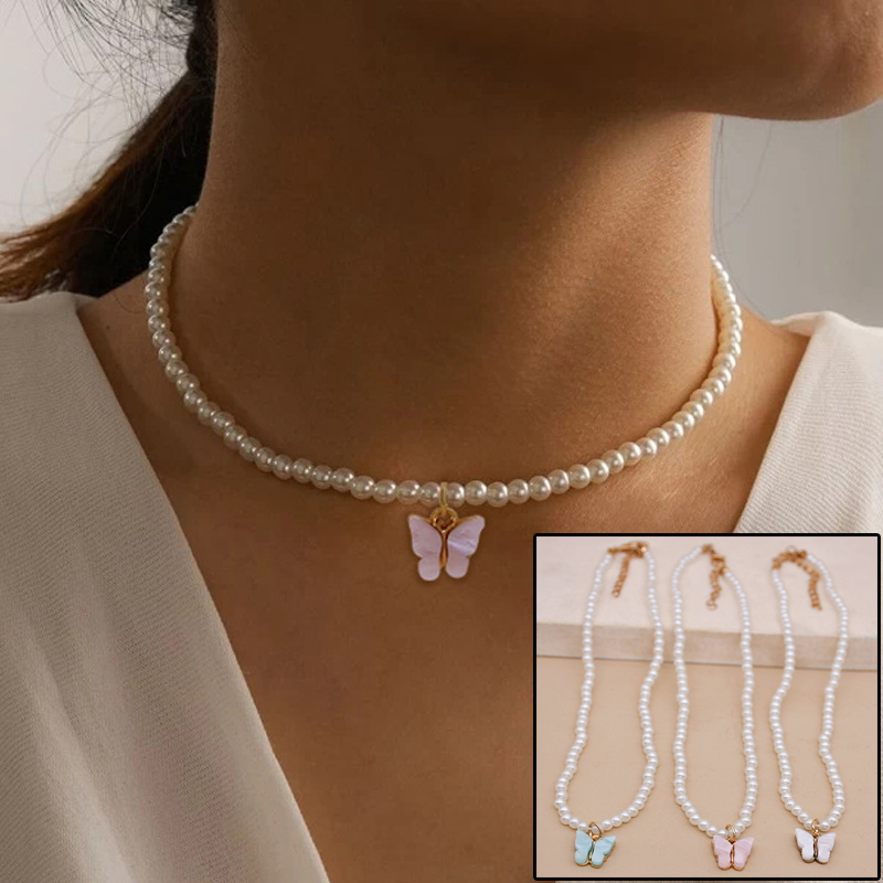 Collar de Perlas Blancas y Peralta: Joyería de Moda para Mujer con Mariposa, Cuello de Flor de Nieve para Bodas — imagen 1