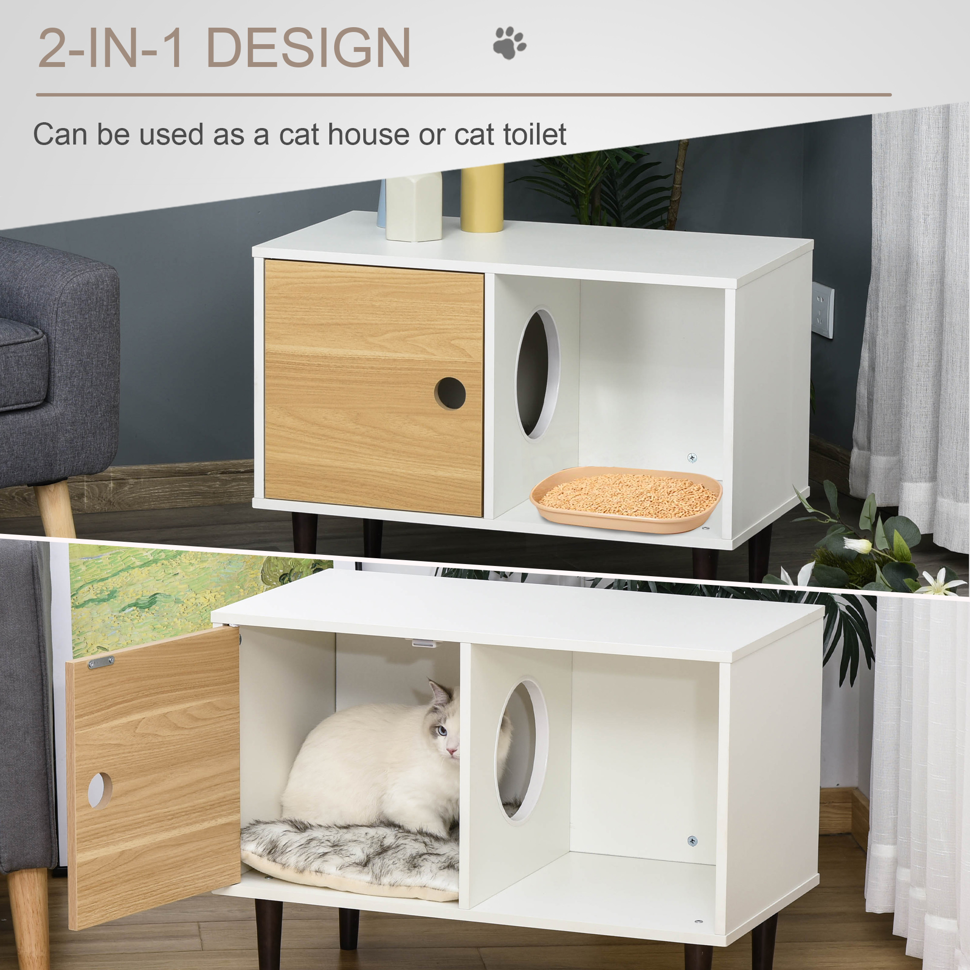 Wooden Cat House With Soft Cushion, Decorative Kitten Condo Side Table, Elevated Pet House With Storage Space — imagen 5