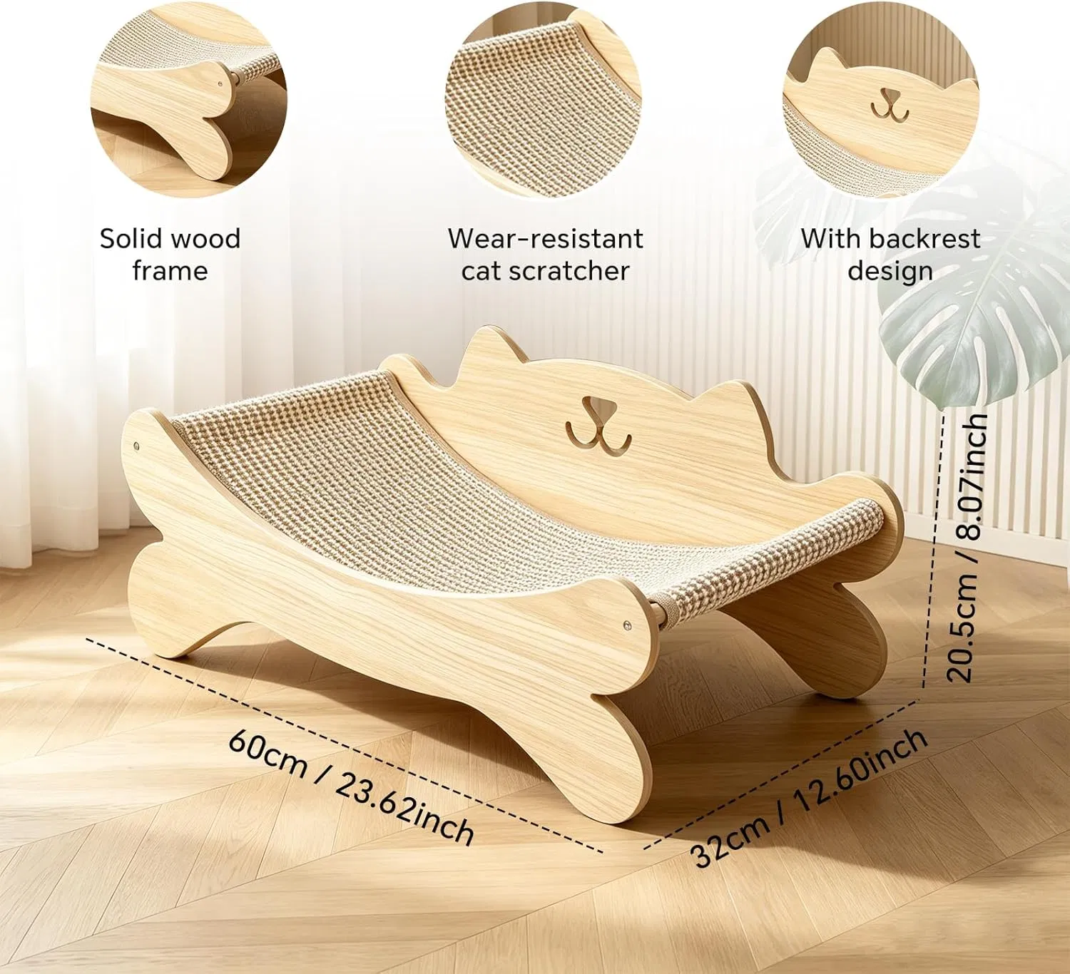 Cat Scratcher Bed for Indoor Cats Kitten Bed Cat Hammock with Solid Wood Frame Wear Resistant Sisal Backrest Design Cats Scratcher Lounge, Wooden Cat Furniture — image 5
