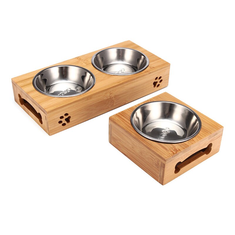Doble Disco para Perros Comida y Agua, Platos de Acero Inoxidable con Base de Bambú para Mascotas Gatos Caninos Alimentadores — imagen 3