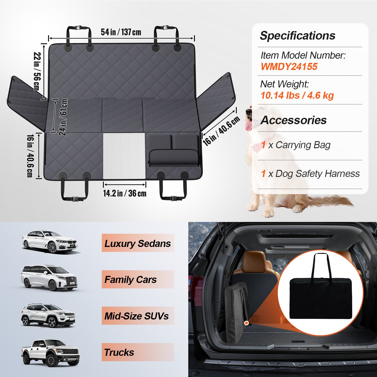 VEVOR 54 X 24 In Dog Car Seat Cover For Back Seat Waterproof 600D For Cars — imagen 7