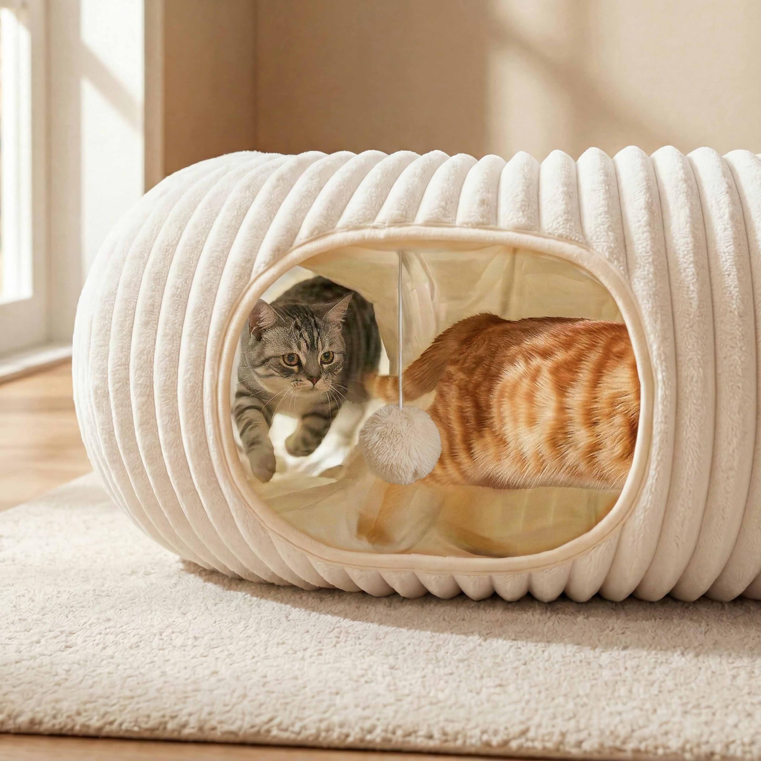 Cat Tunnel Bed With Interactive Cat Toys, Cat Tube With Kitten Toys For Indoor Kittens, Collapsible Play Tunnel, White — image 5
