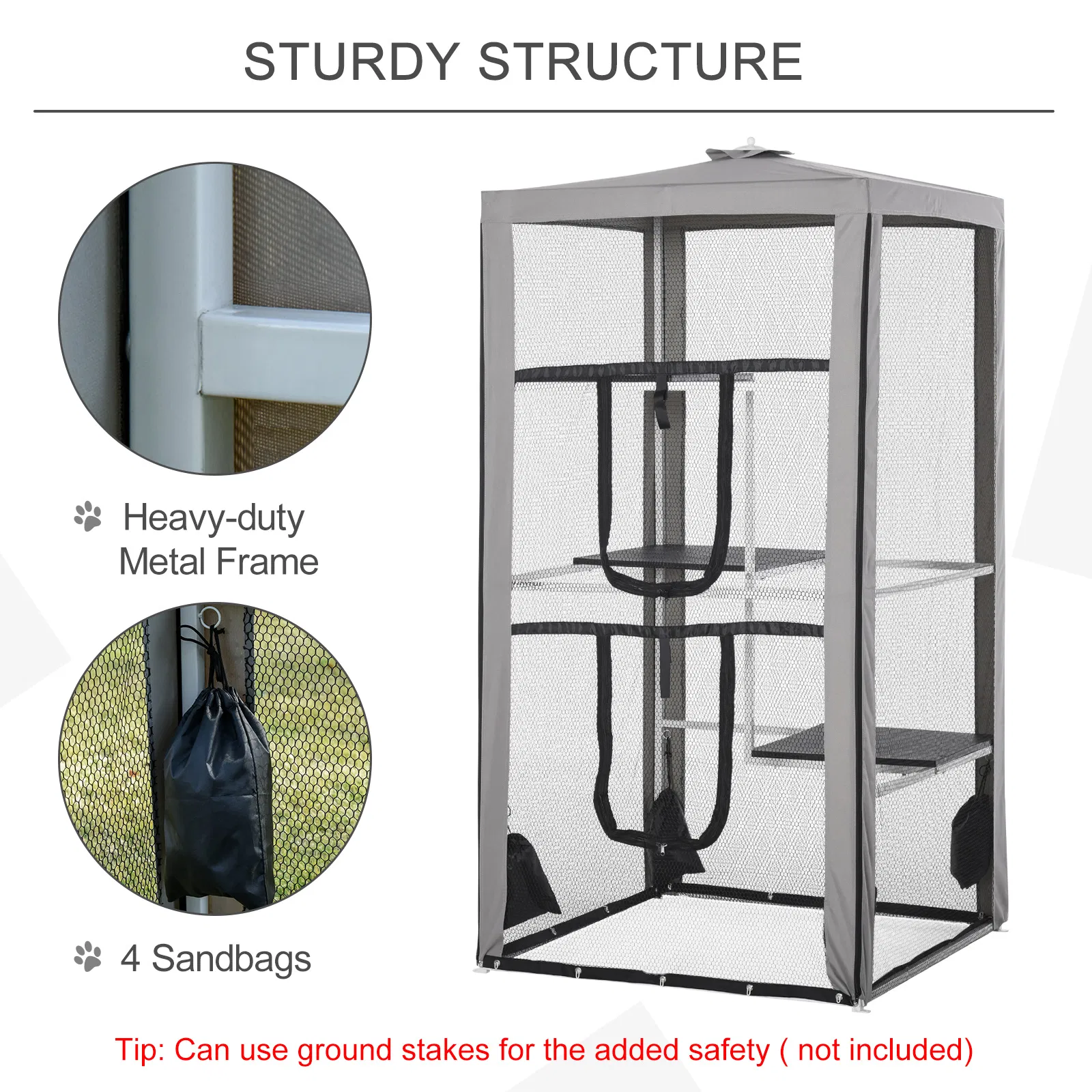 79" Cat Cage, Large Outdoor Kitten House, Indoor Cage Pet Kennel Playpen with 3 Platforms Door 4 Sandbags - Grey — image 2