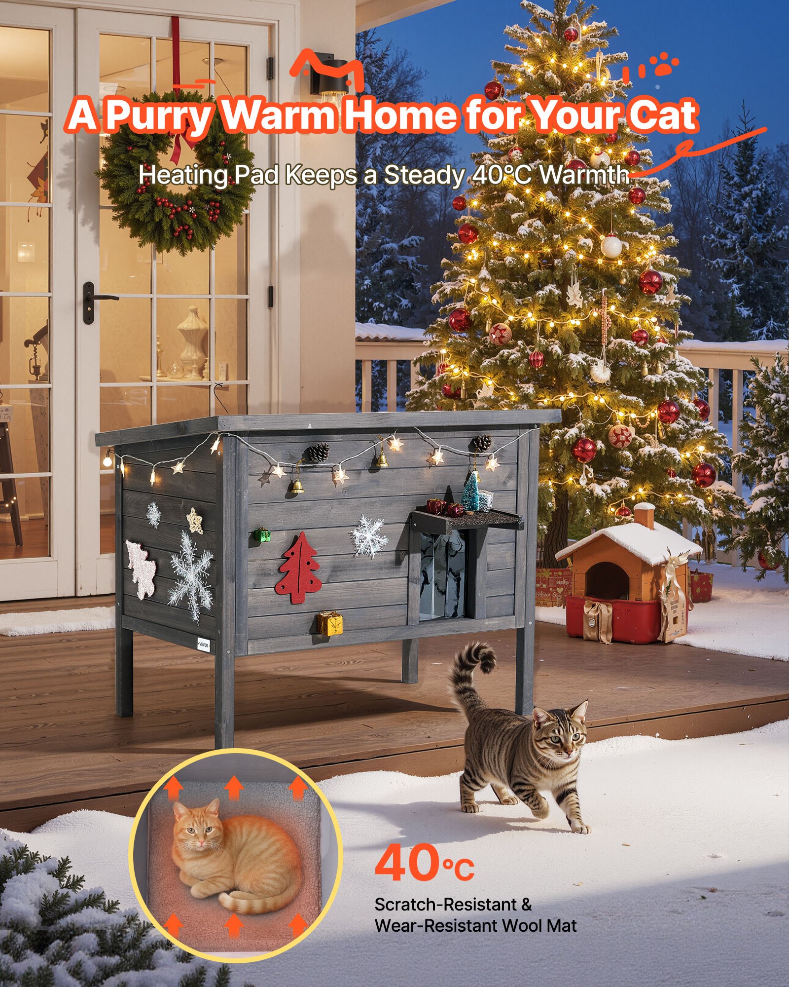 Casa Caliente para Gatos, Casa de Madera Aislada para Gatos Ferales al Aire Libre con Plancha de Calentamiento y Puerta de PVC — imagen 2