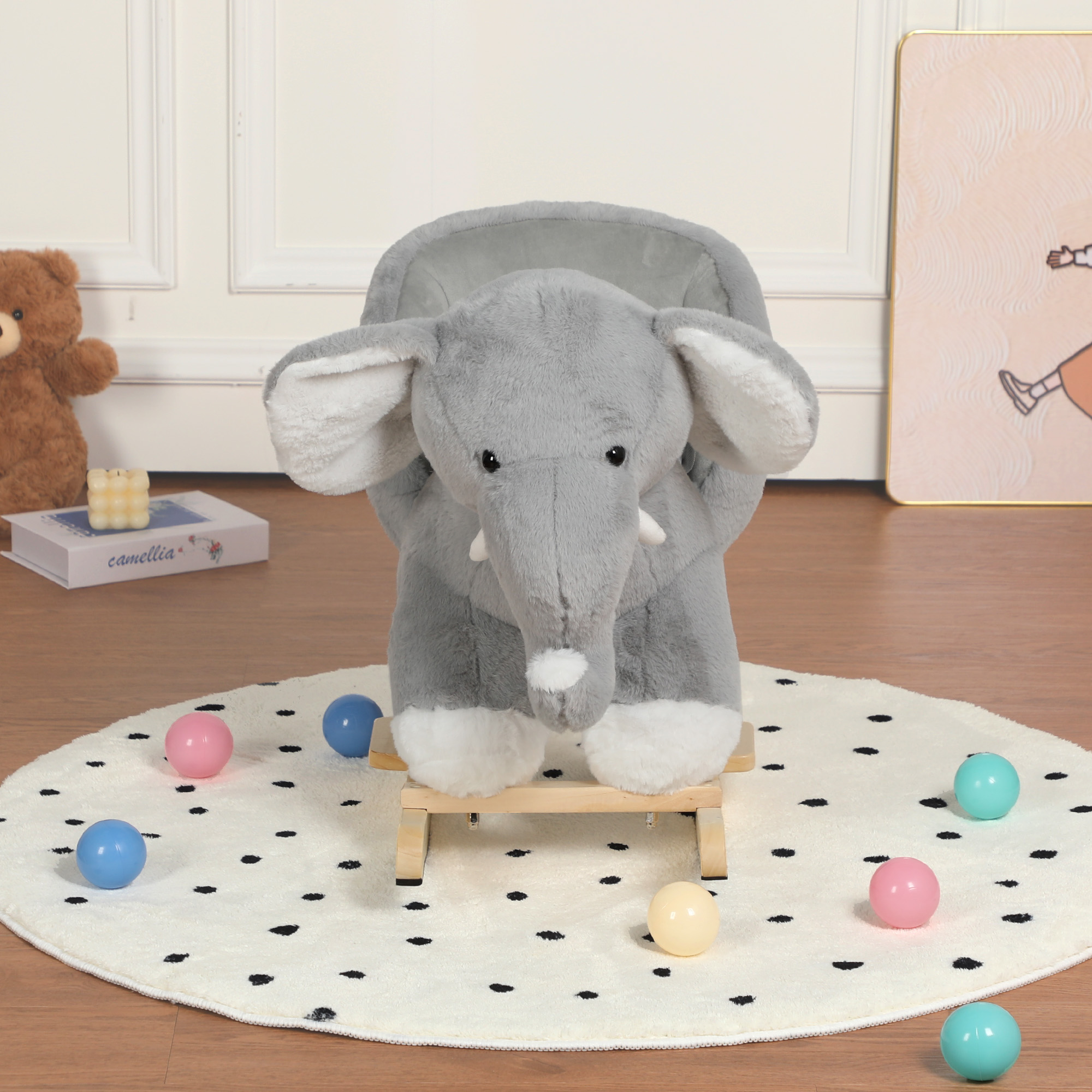 Kids Ride-On Rocking Horse Toy With Elephant Sounds, Elephant Rocking Toy With Hand Puppets And Safety Belt For Children 1-3 Years, Soft Plush Fabric, Grey, CPC Certified — image 4