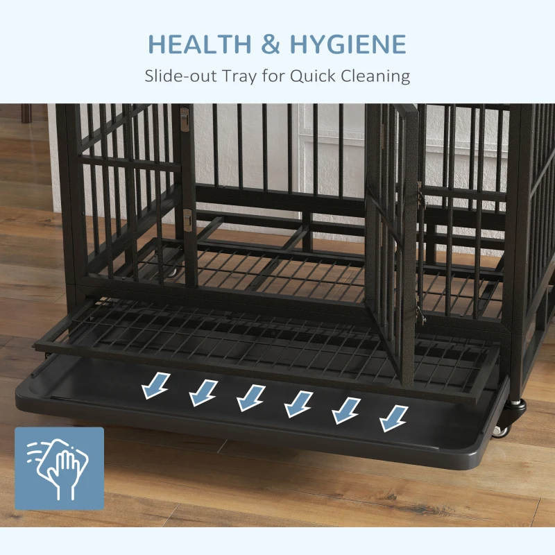 Heavy Duty Dog Crate Metal Cage Kennel With Lockable Wheels, Double Door And Removable Tray, Gray — imagen 2