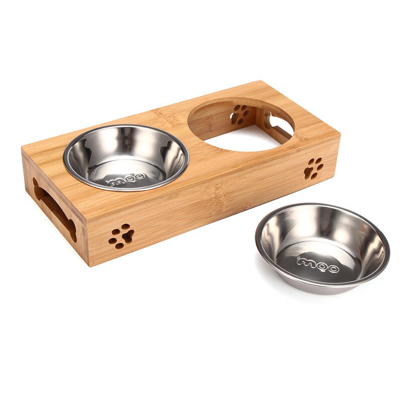 Doble Disco para Perros Comida y Agua, Platos de Acero Inoxidable con Base de Bambú para Mascotas Gatos Caninos Alimentadores — imagen 7