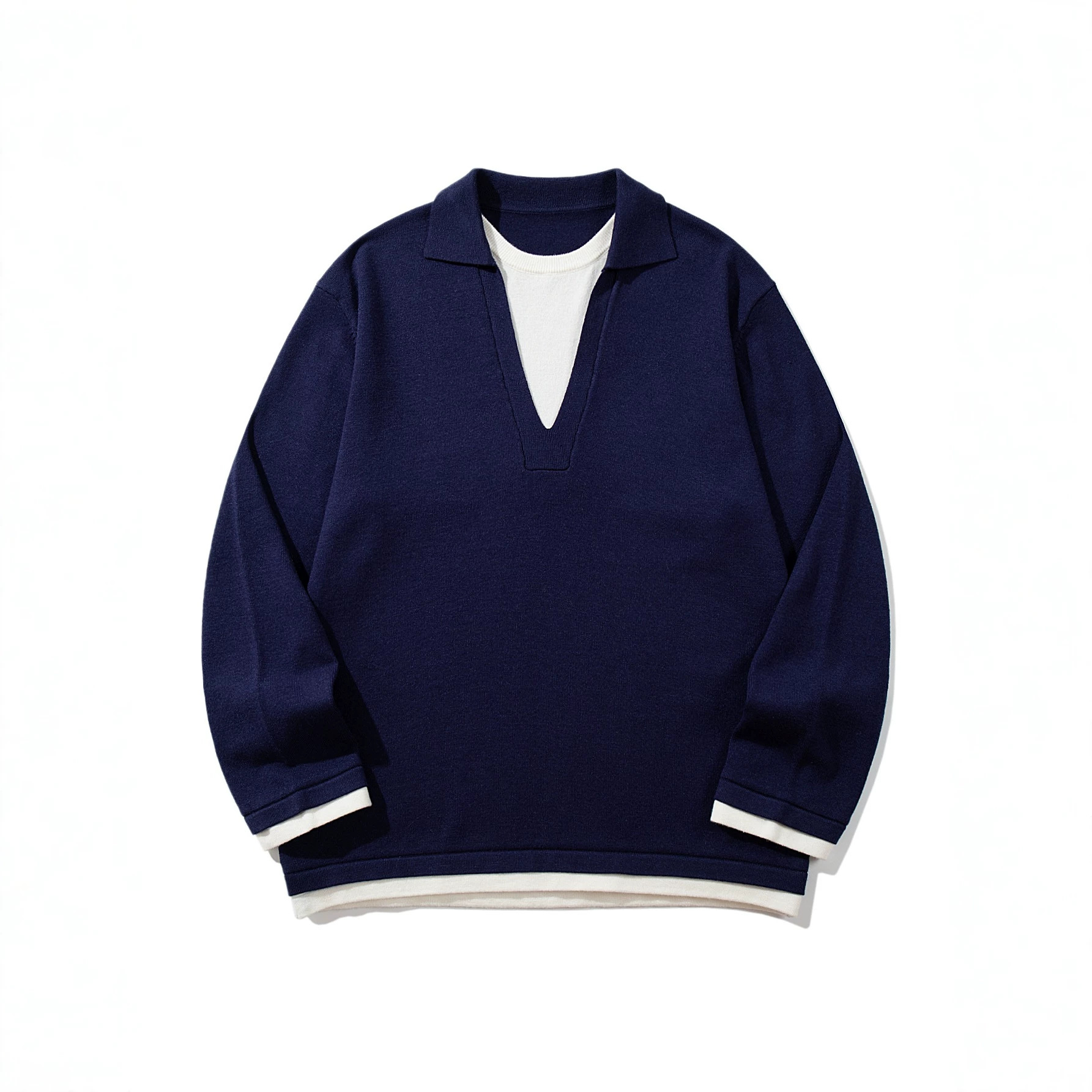 Color-Blocking Seagull Neck False Two-Piece Loose Knit Sweater Pullover — image 4