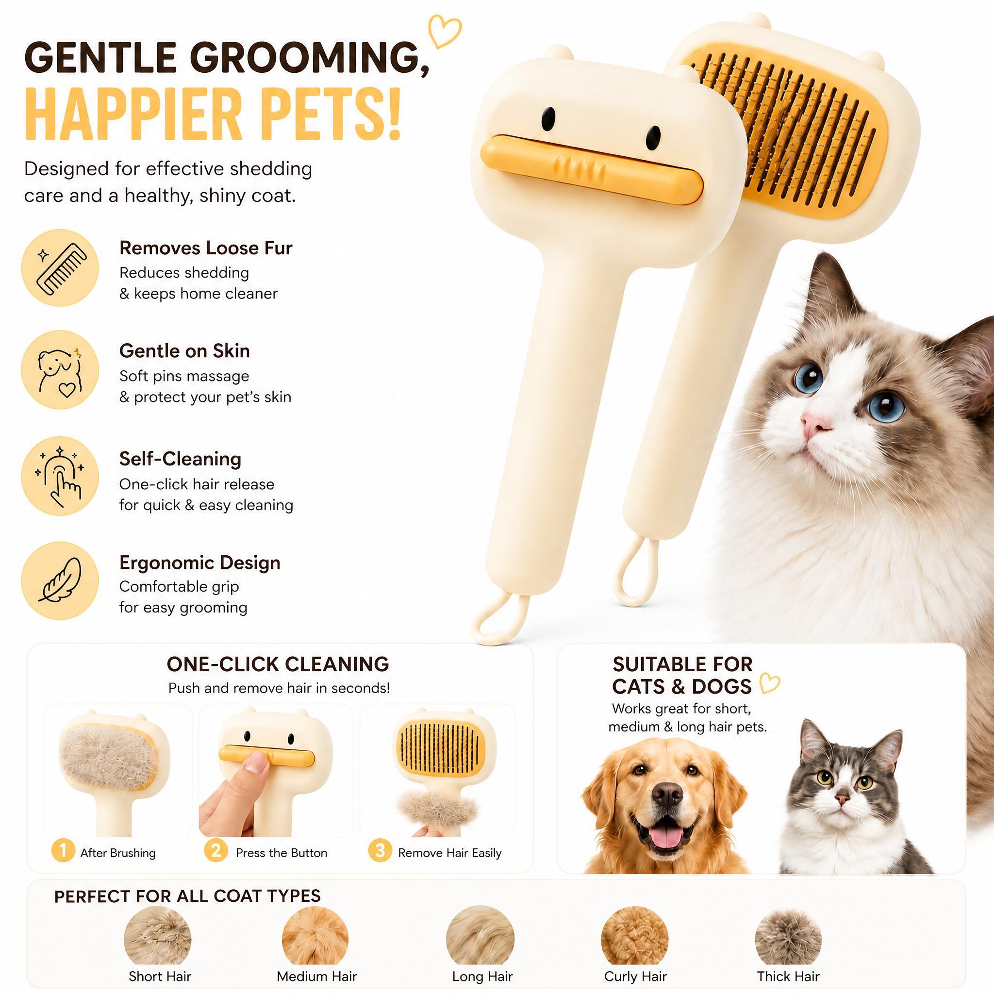 Cute Cartoon Bear Self-Cleaning Pet Brush Universal Deshedding Comb For Cats And Dogs Removes Loose Fur & Detangles Comfortable Non-Slip Handle Pet Grooming Tool — image 5