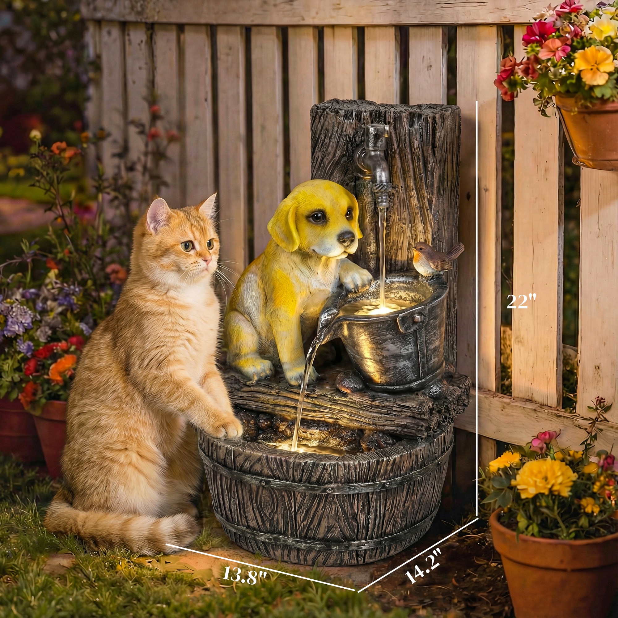 Fuente Exterior de 22" con Tema de Cachorro de 3 Niveles, Fuente de Jardín de Resina con Luces LED, Flujo Ajustable, Marrón Rústico — imagen 4