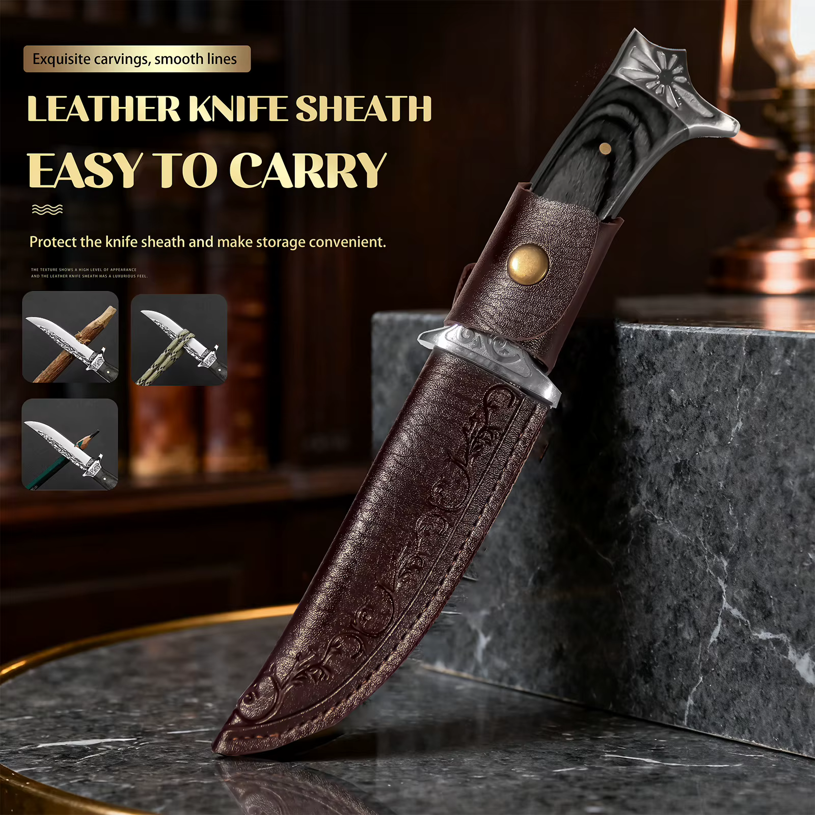 Fixed Blade Hunting Knife with Leather Sheath Wood Handle Outdoor Camping Utility Knife Bowie Style Gift for Men — image 6