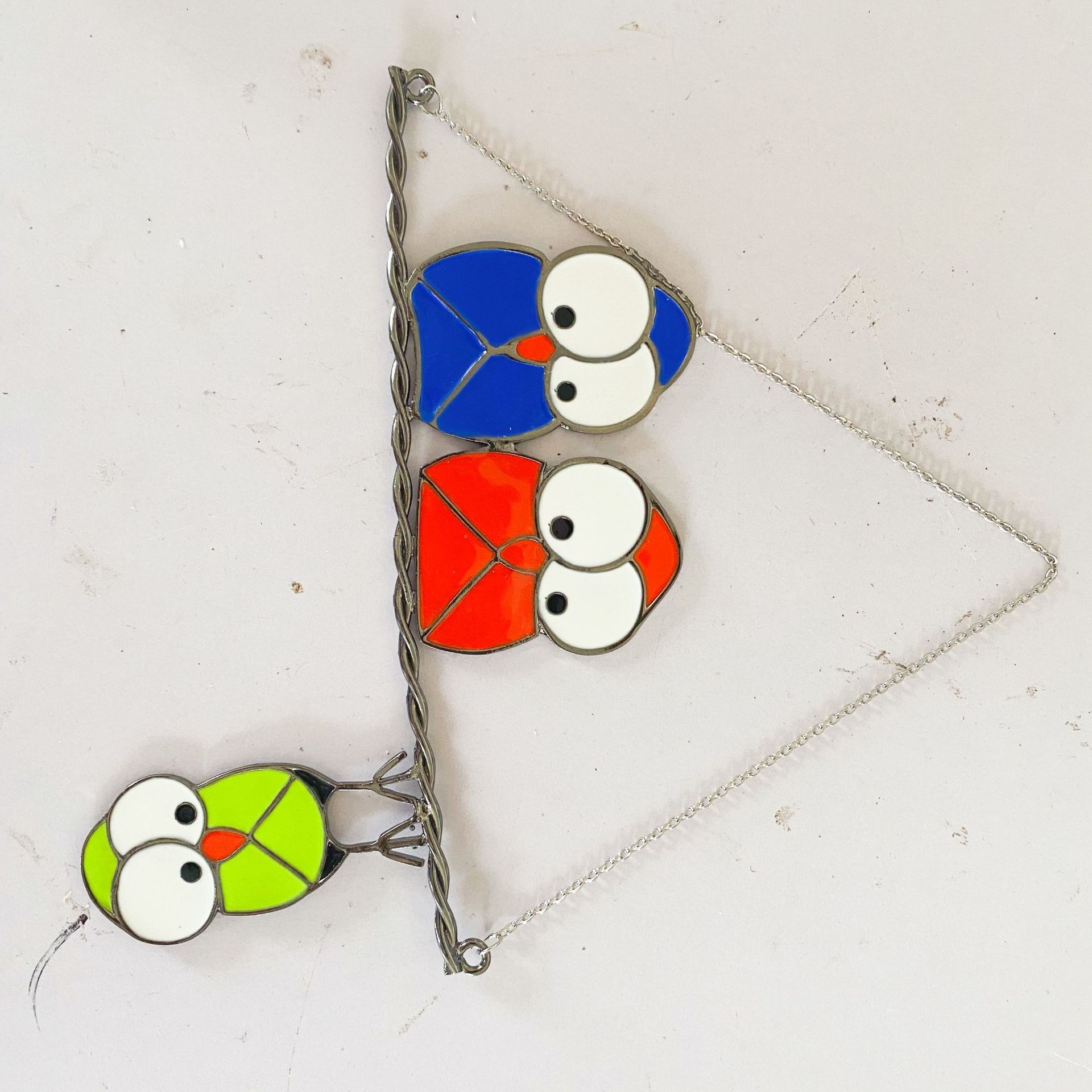 Three Birds Cute Owl Metal Epoxy Stained Glass Window Ornament Garden Decoration — image 2